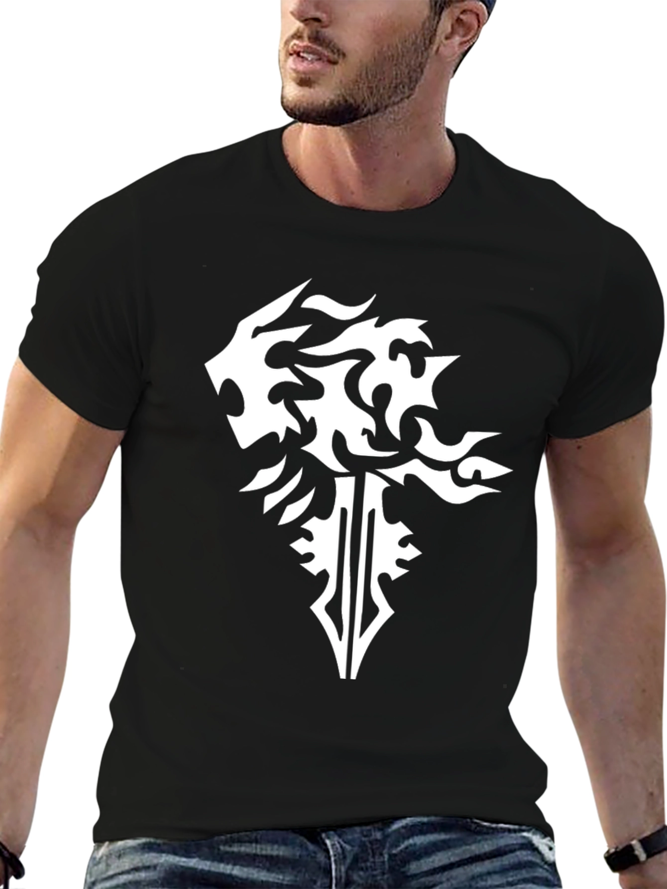 Black T-Shirt with Abstract Lion & Sword Design