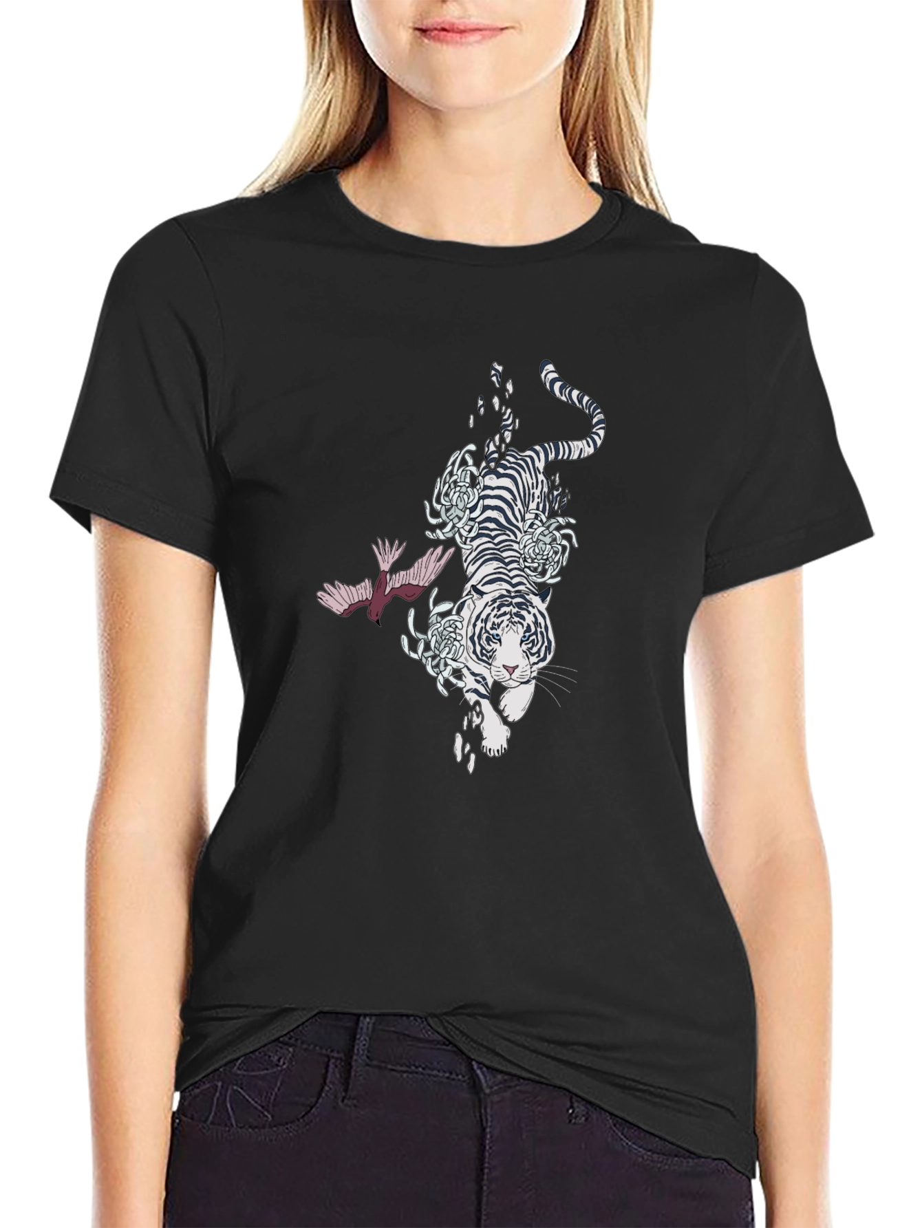 Tiger and Bird Graphic Black T-Shirt