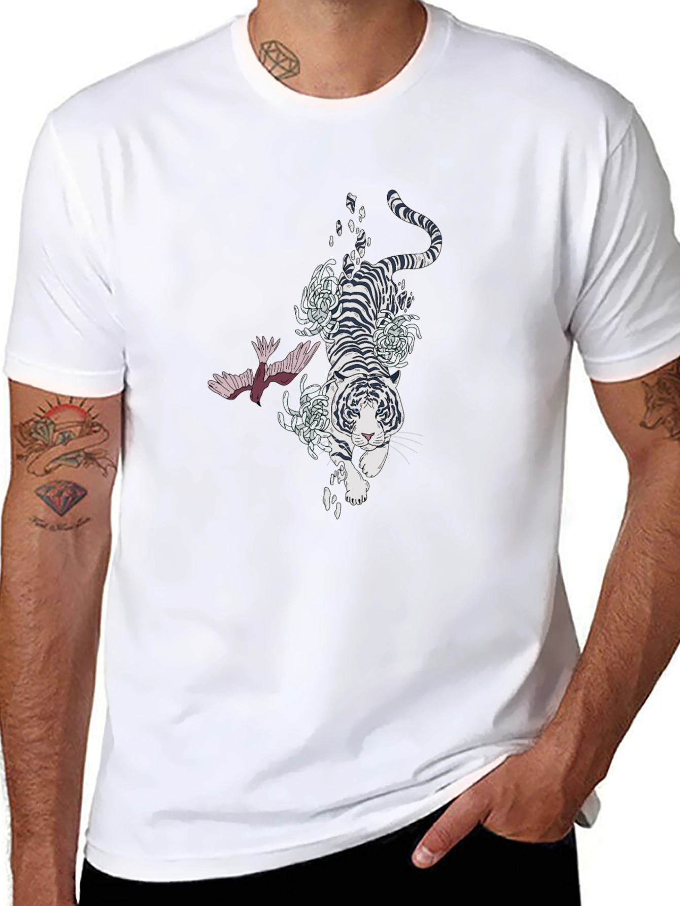 Tiger and Bird Graphic Black T-Shirt