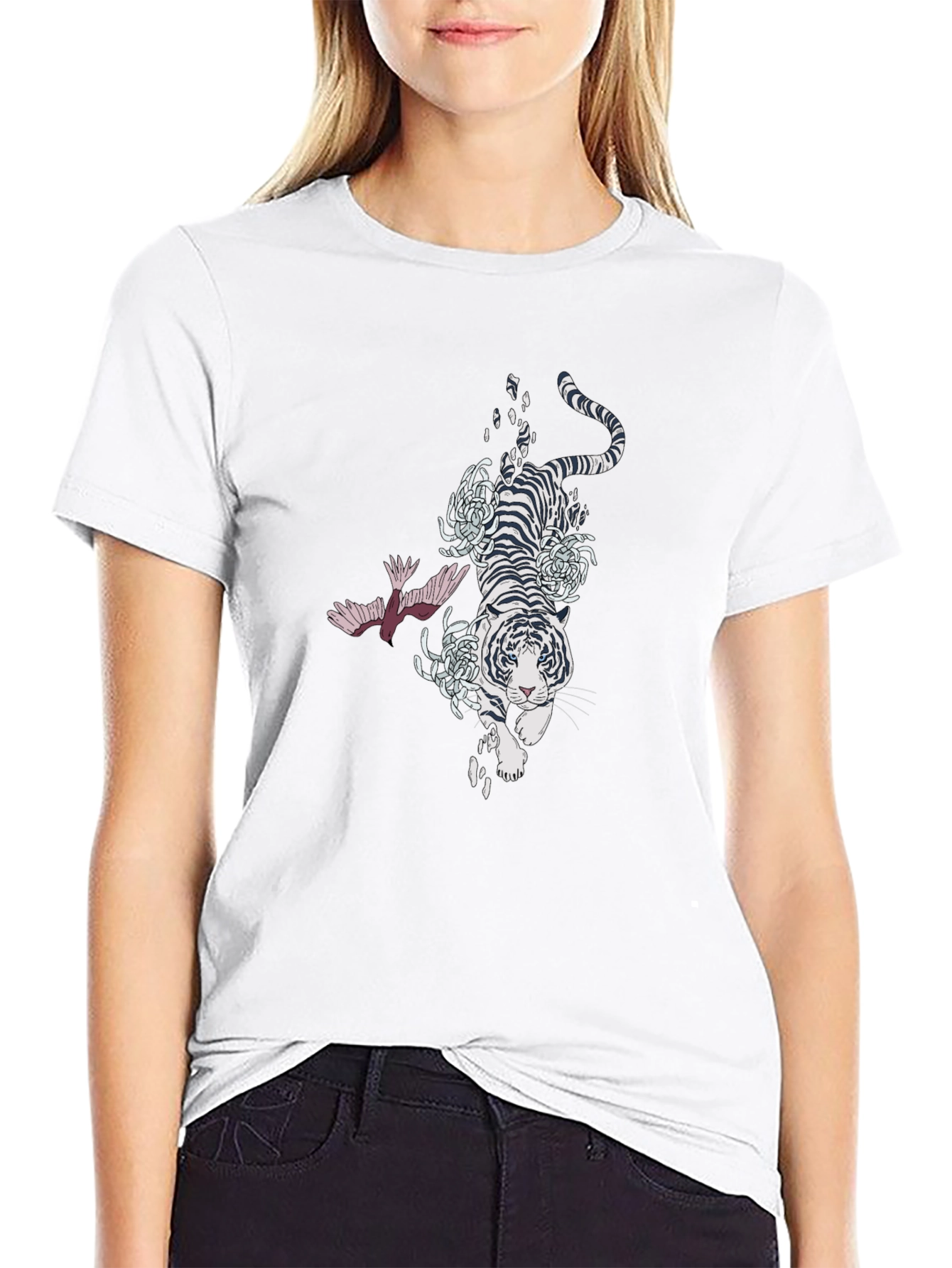Tiger and Bird Graphic Black T-Shirt