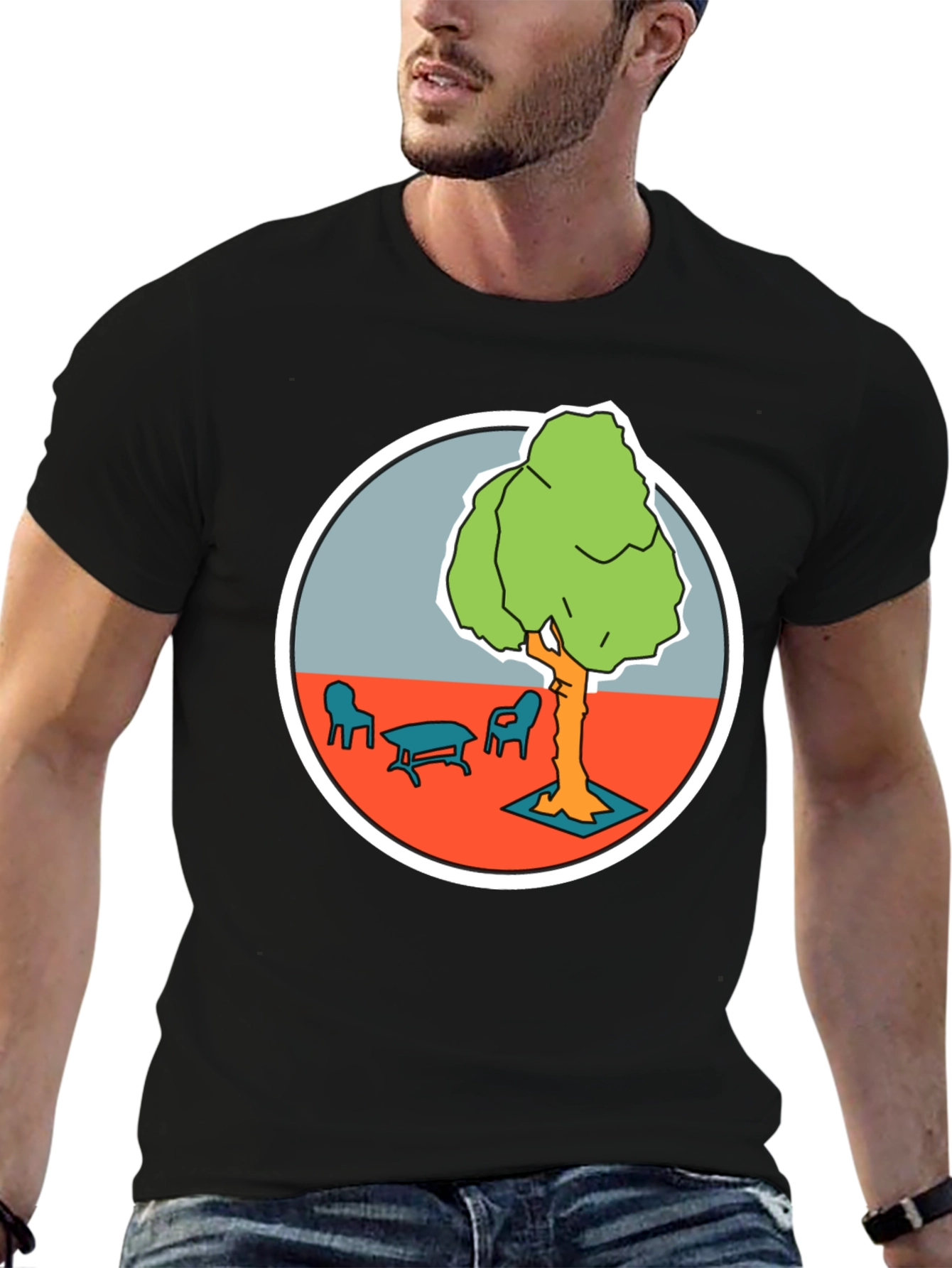 Black T-Shirt with Cartoon Tree Print