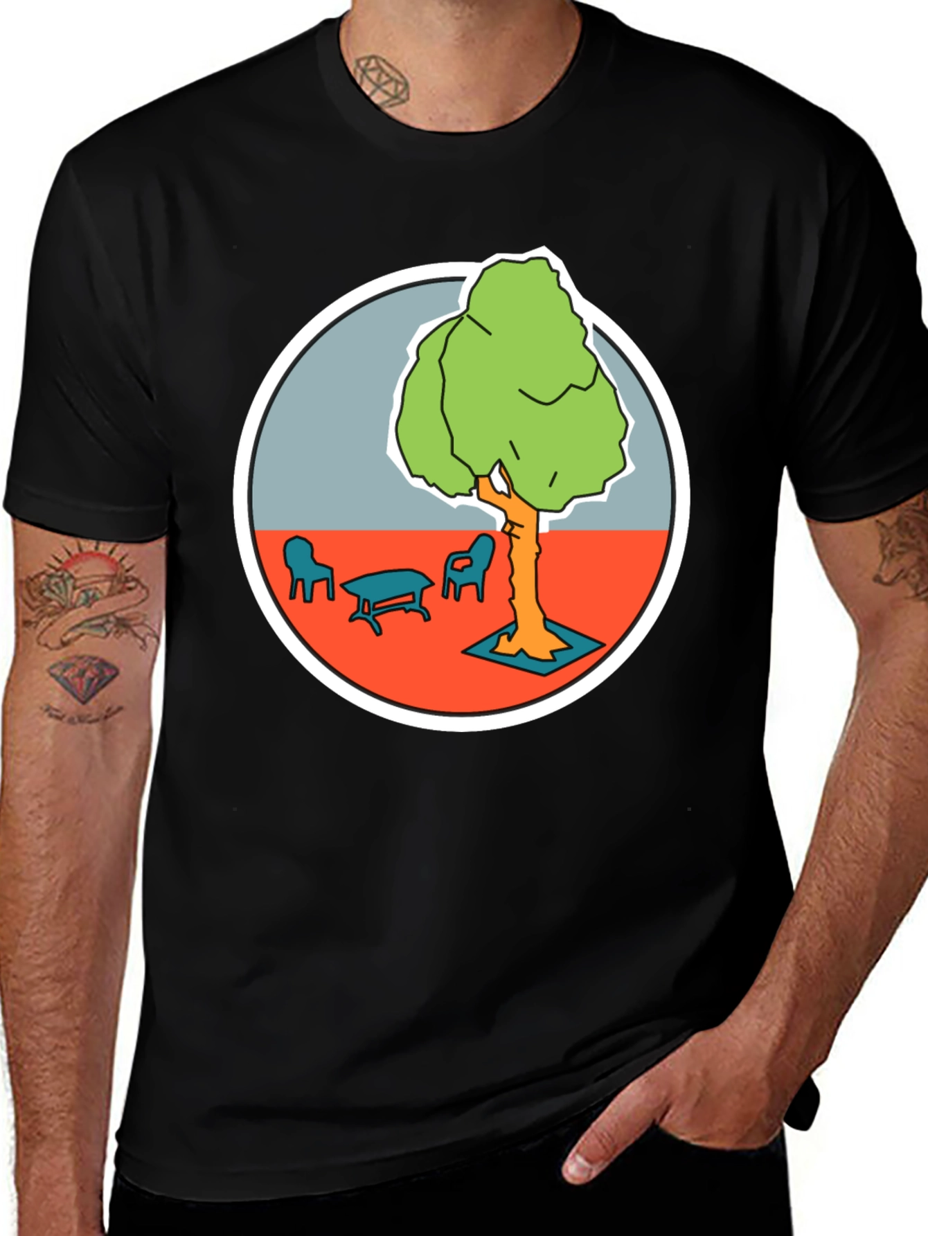 Black T-Shirt with Cartoon Tree Print