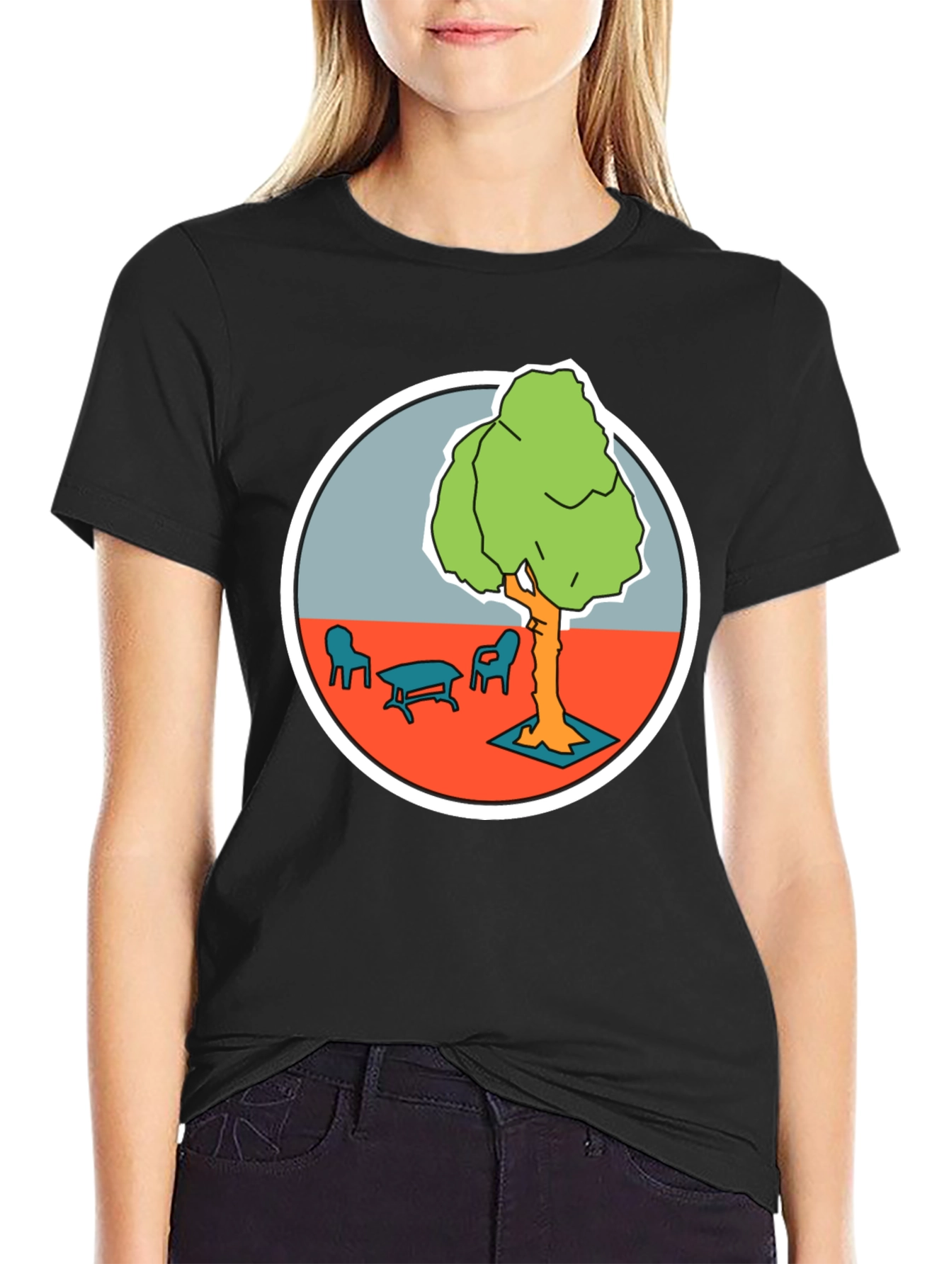 Black T-Shirt with Cartoon Tree Print