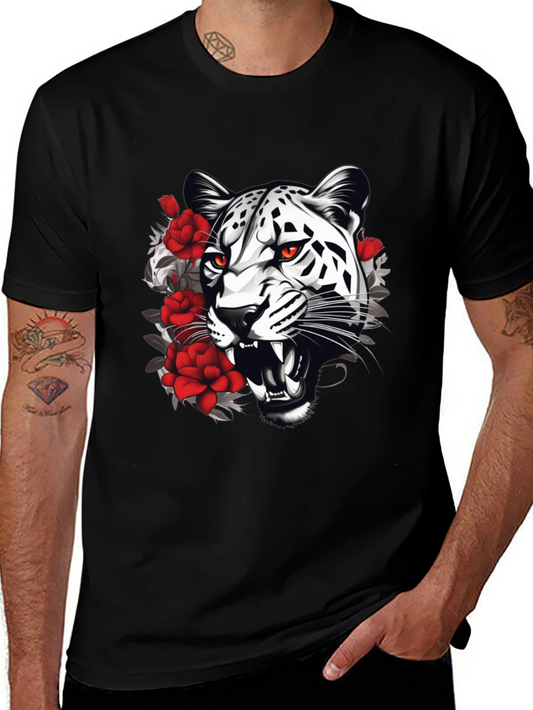 Leopard & Roses Graphic Print Black T-Shirt