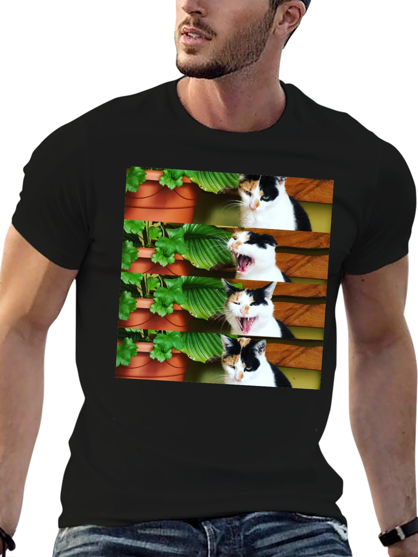 Funny Cat Yawn T-Shirt - Black Cotton Tee