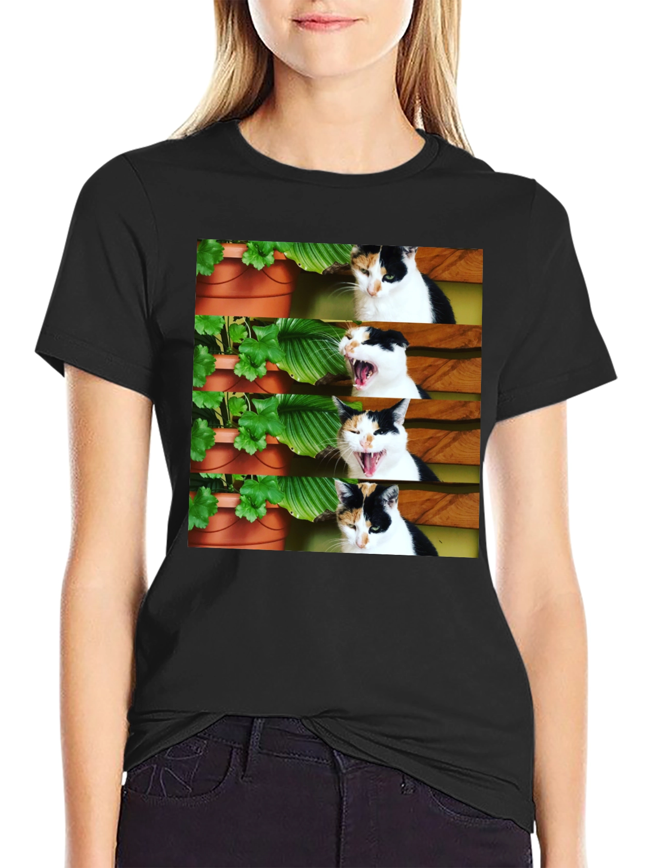 Funny Cat Yawn T-Shirt - Black Cotton Tee