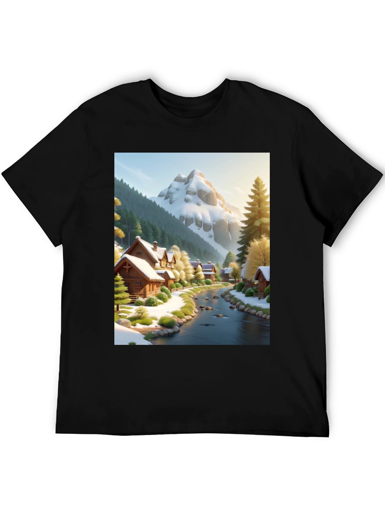 Scenic Winter Village T-Shirt - Mountain River Design