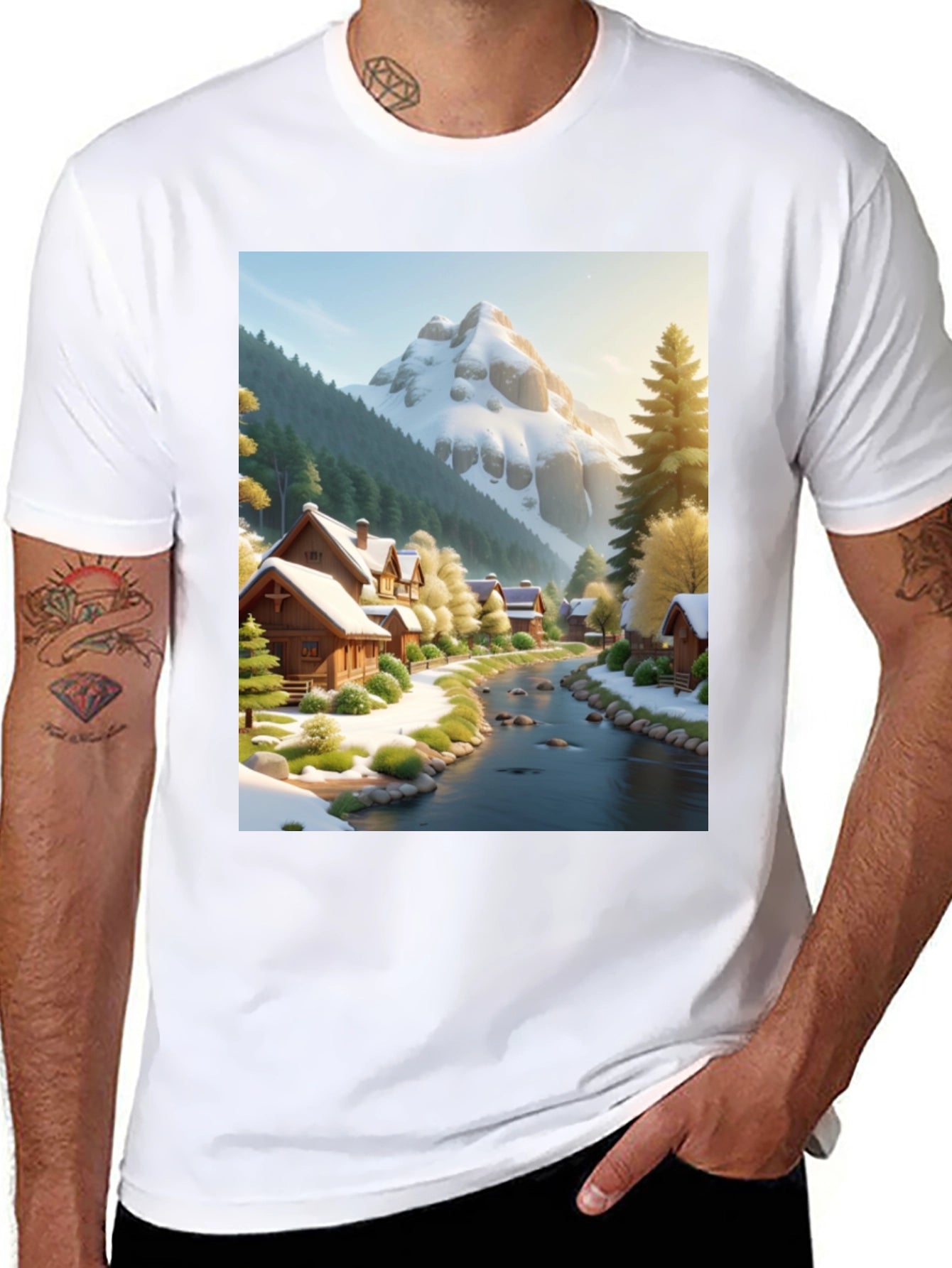 Scenic Winter Village T-Shirt - Mountain River Design