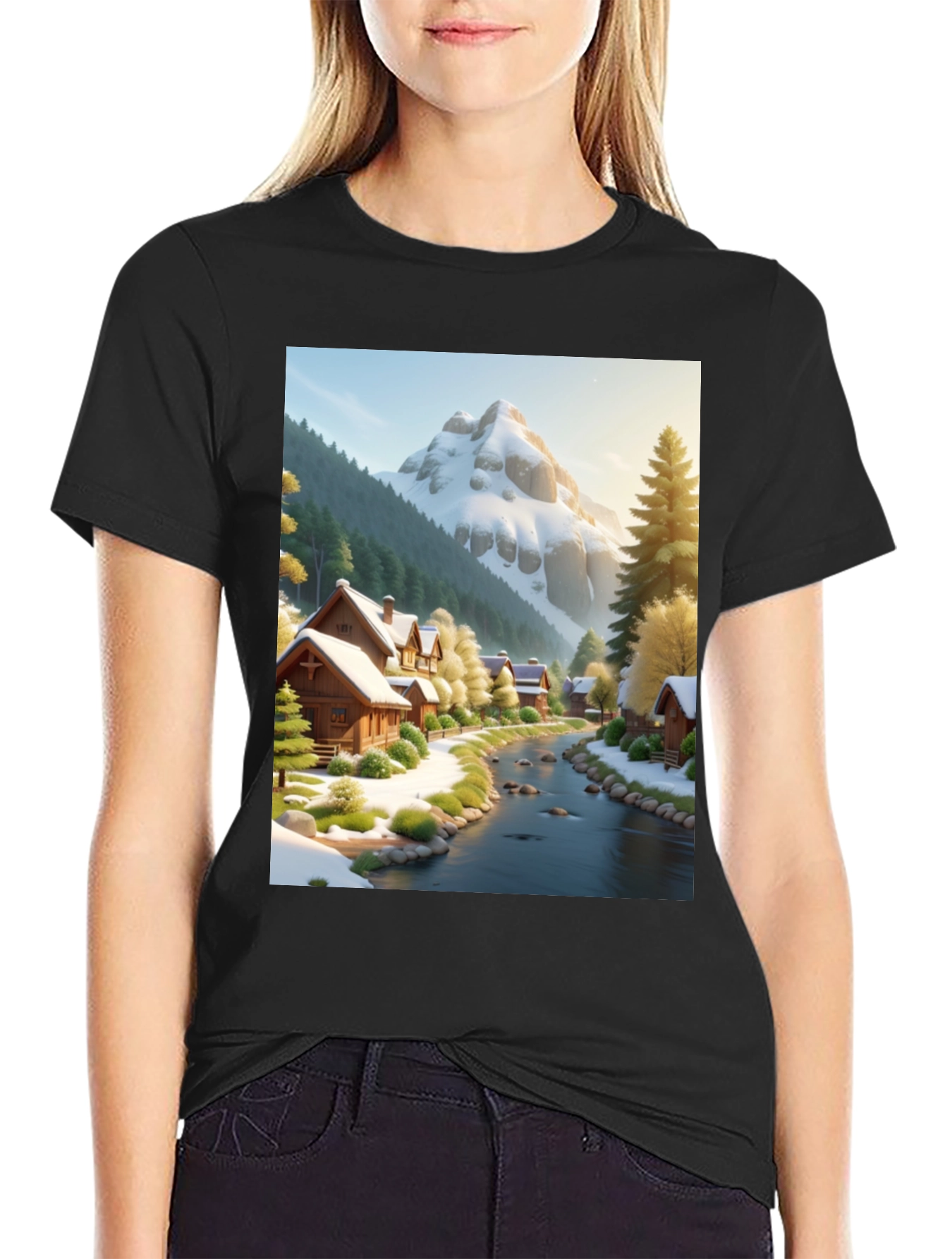 Scenic Winter Village T-Shirt - Mountain River Design