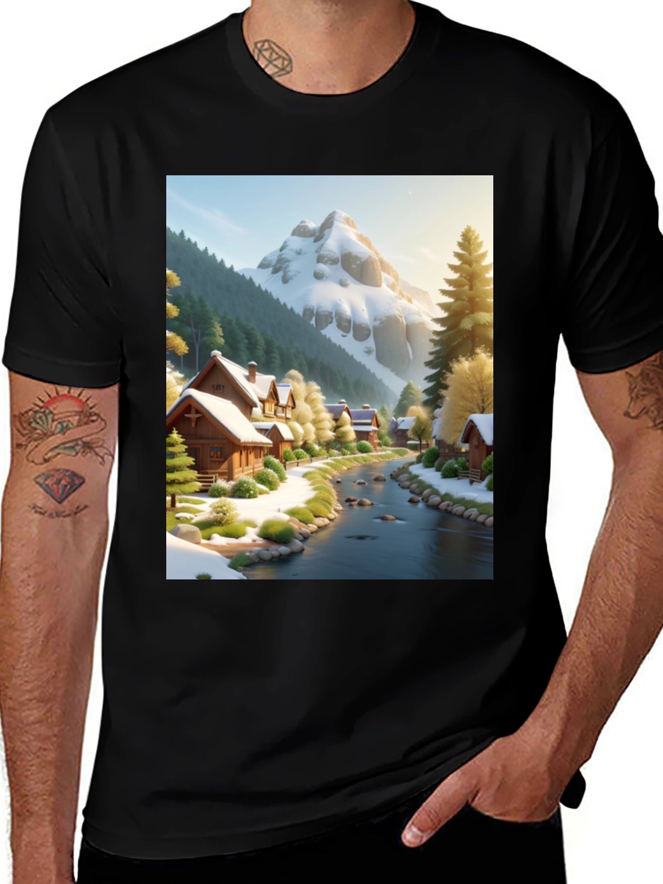 Scenic Winter Village T-Shirt - Mountain River Design