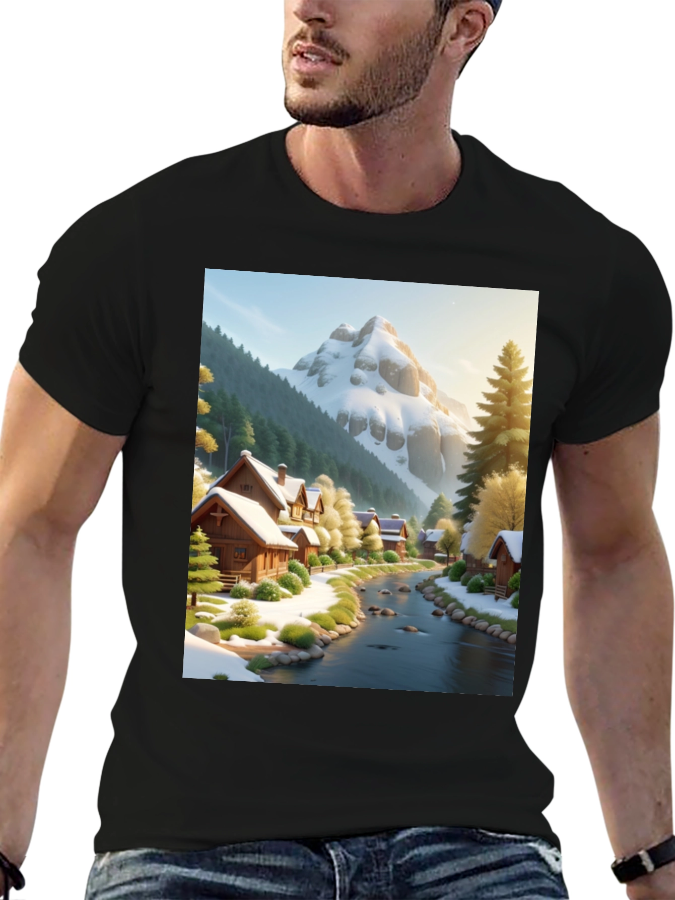 Scenic Winter Village T-Shirt - Mountain River Design