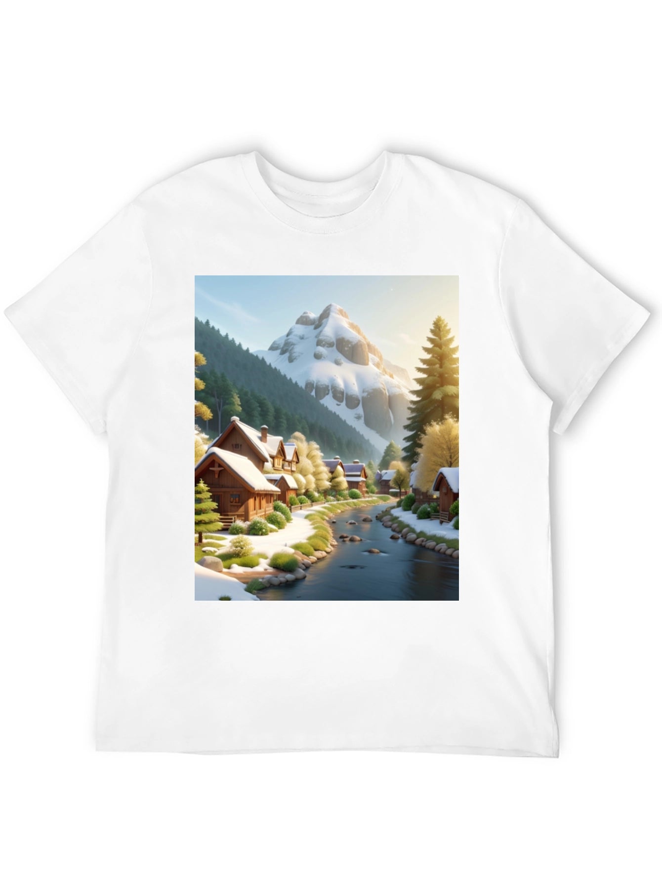 Scenic Winter Village T-Shirt - Mountain River Design