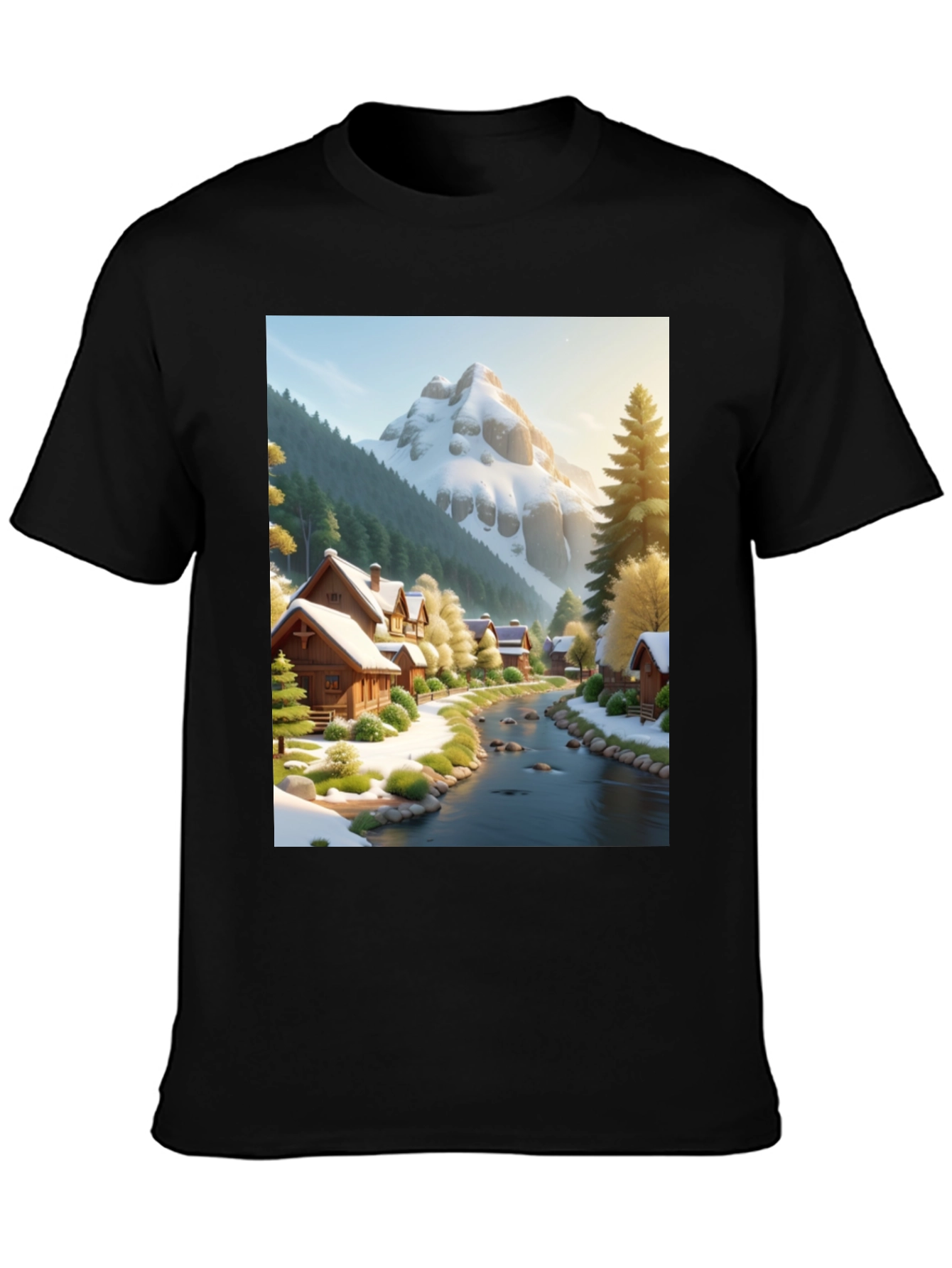 Scenic Winter Village T-Shirt - Mountain River Design