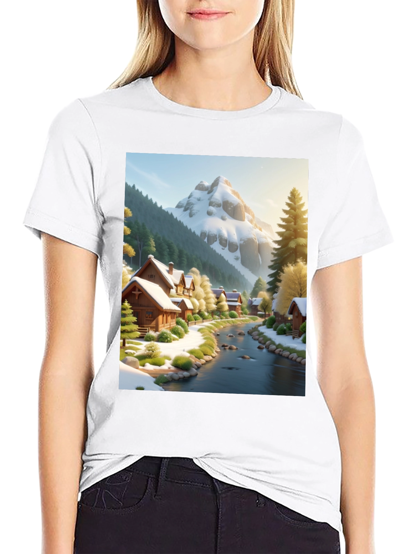 Scenic Winter Village T-Shirt - Mountain River Design