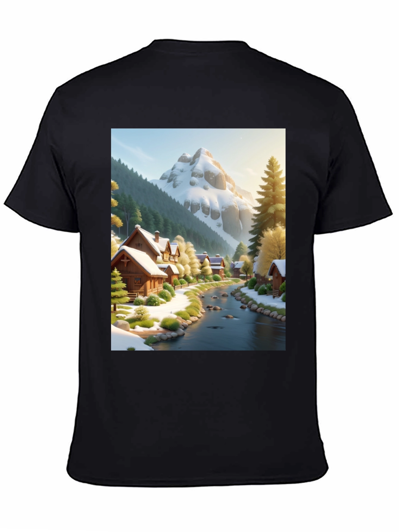 Scenic Winter Village T-Shirt - Mountain River Design