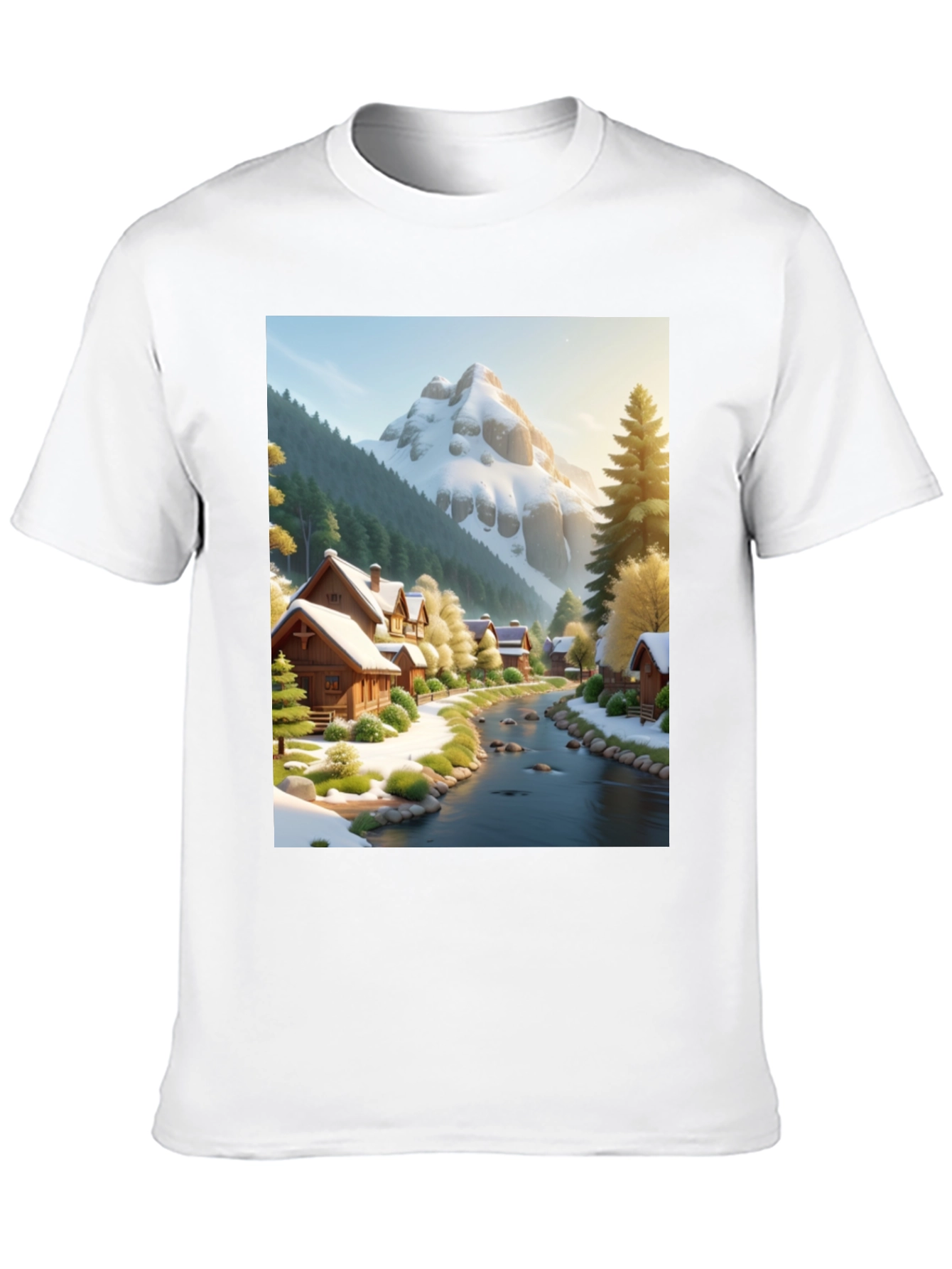 Scenic Winter Village T-Shirt - Mountain River Design