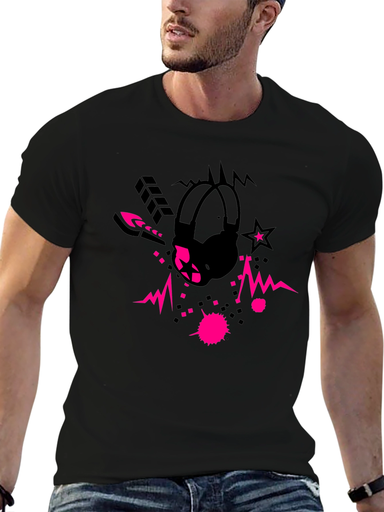 Cool Black Graphic Tee with Headphone Design