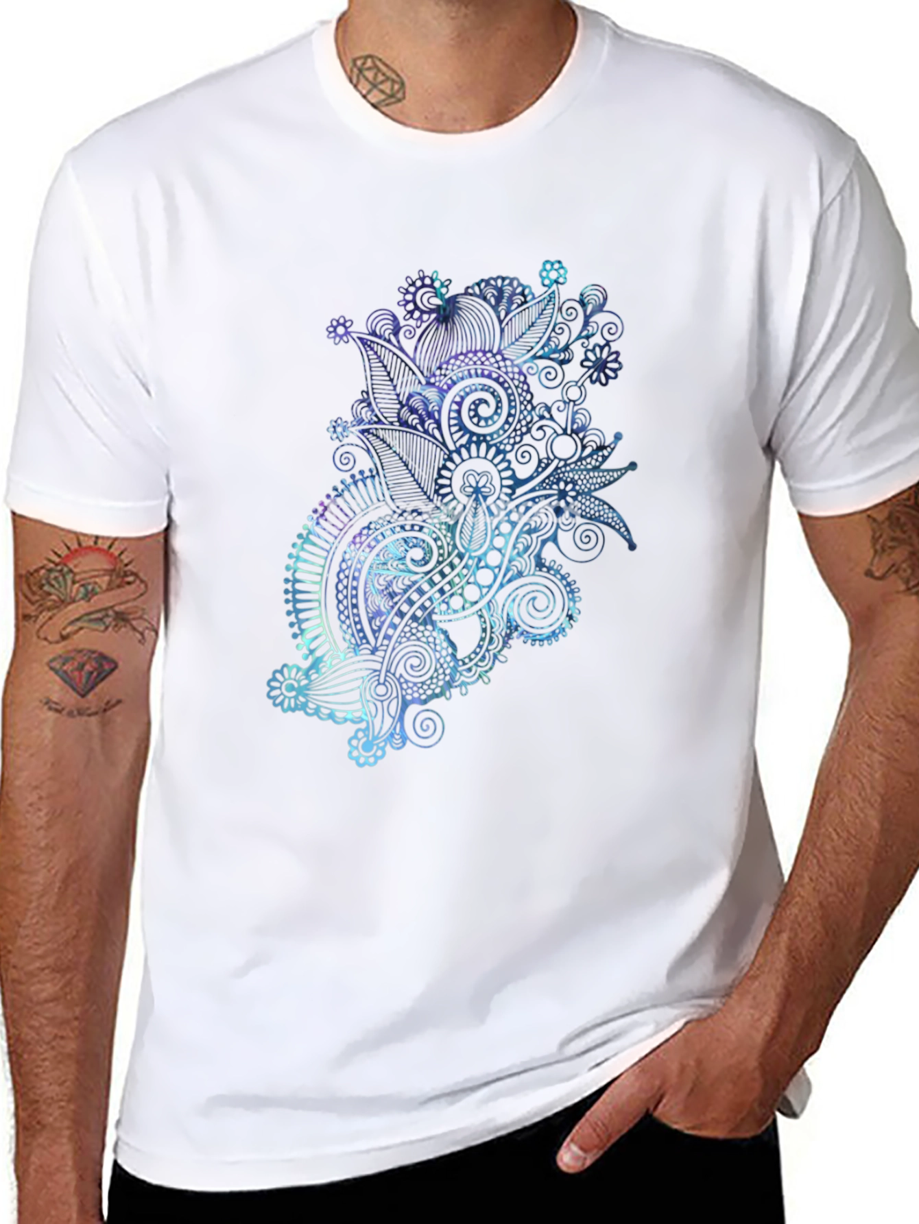 Mens Black T-Shirt with Abstract Floral Design