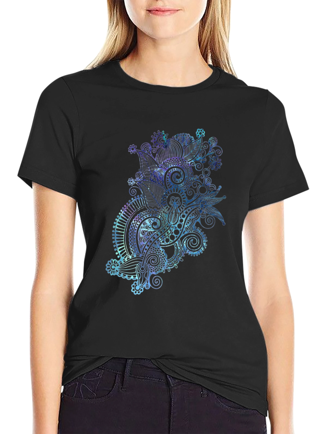 Mens Black T-Shirt with Abstract Floral Design