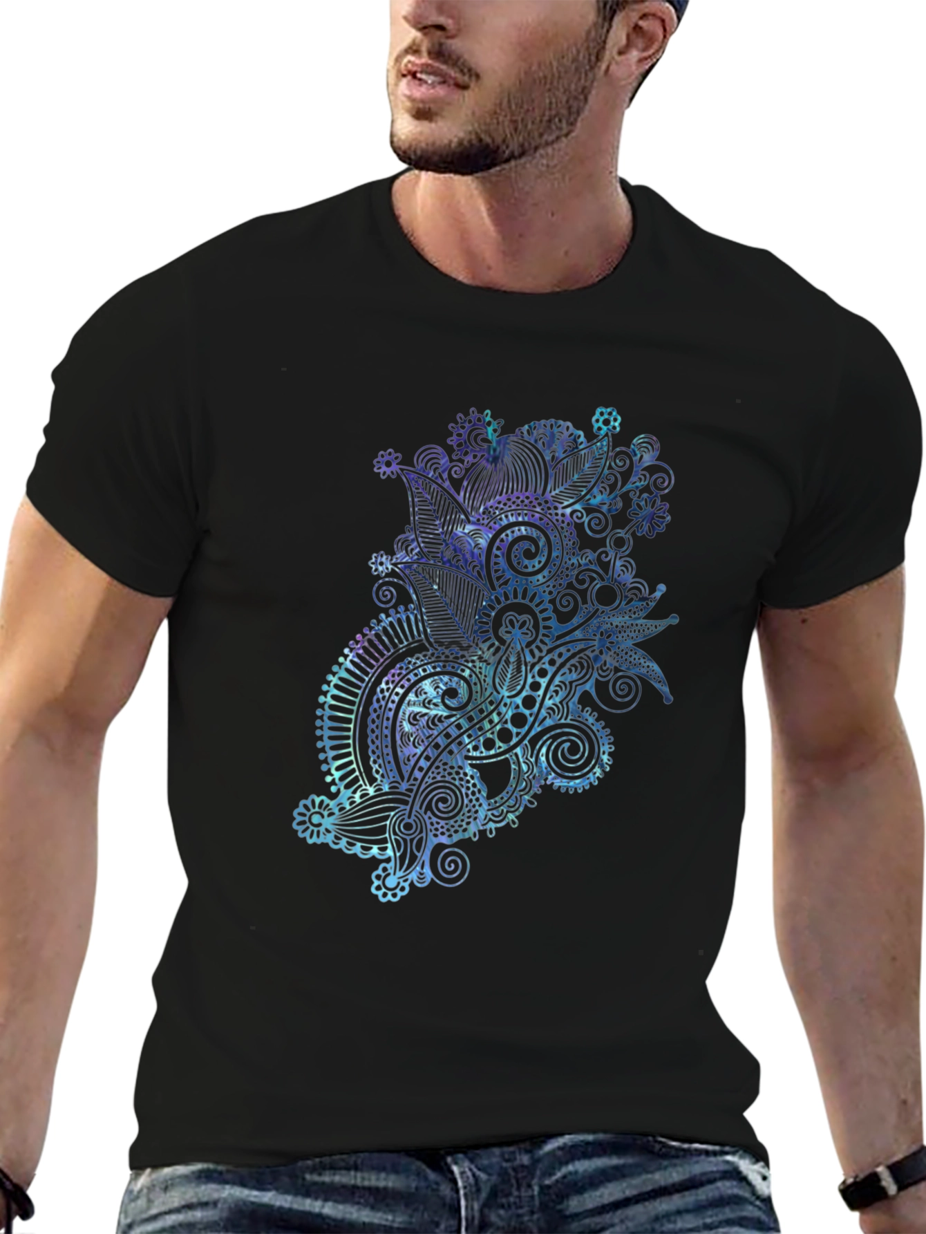 Mens Black T-Shirt with Abstract Floral Design