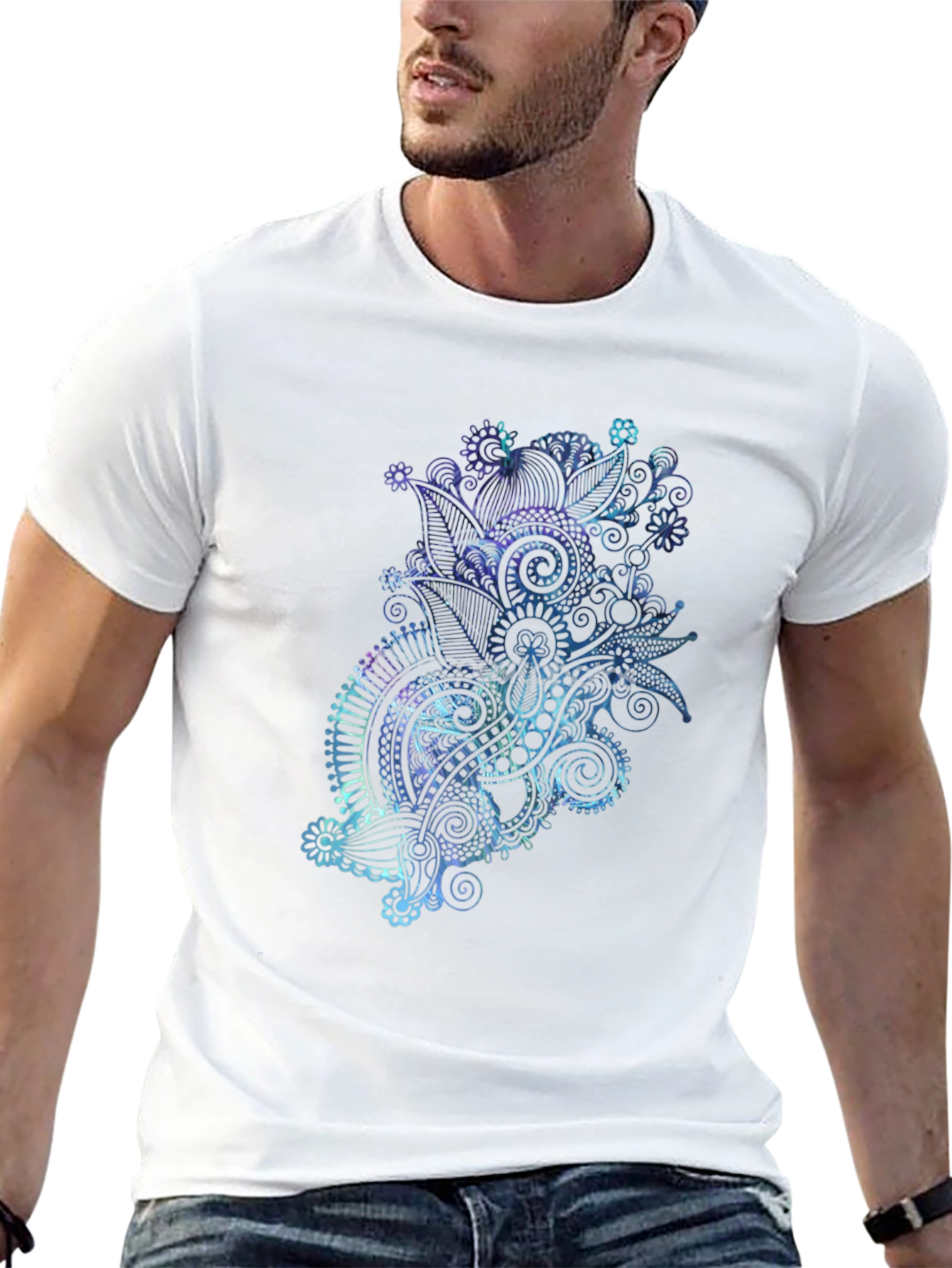 Mens Black T-Shirt with Abstract Floral Design