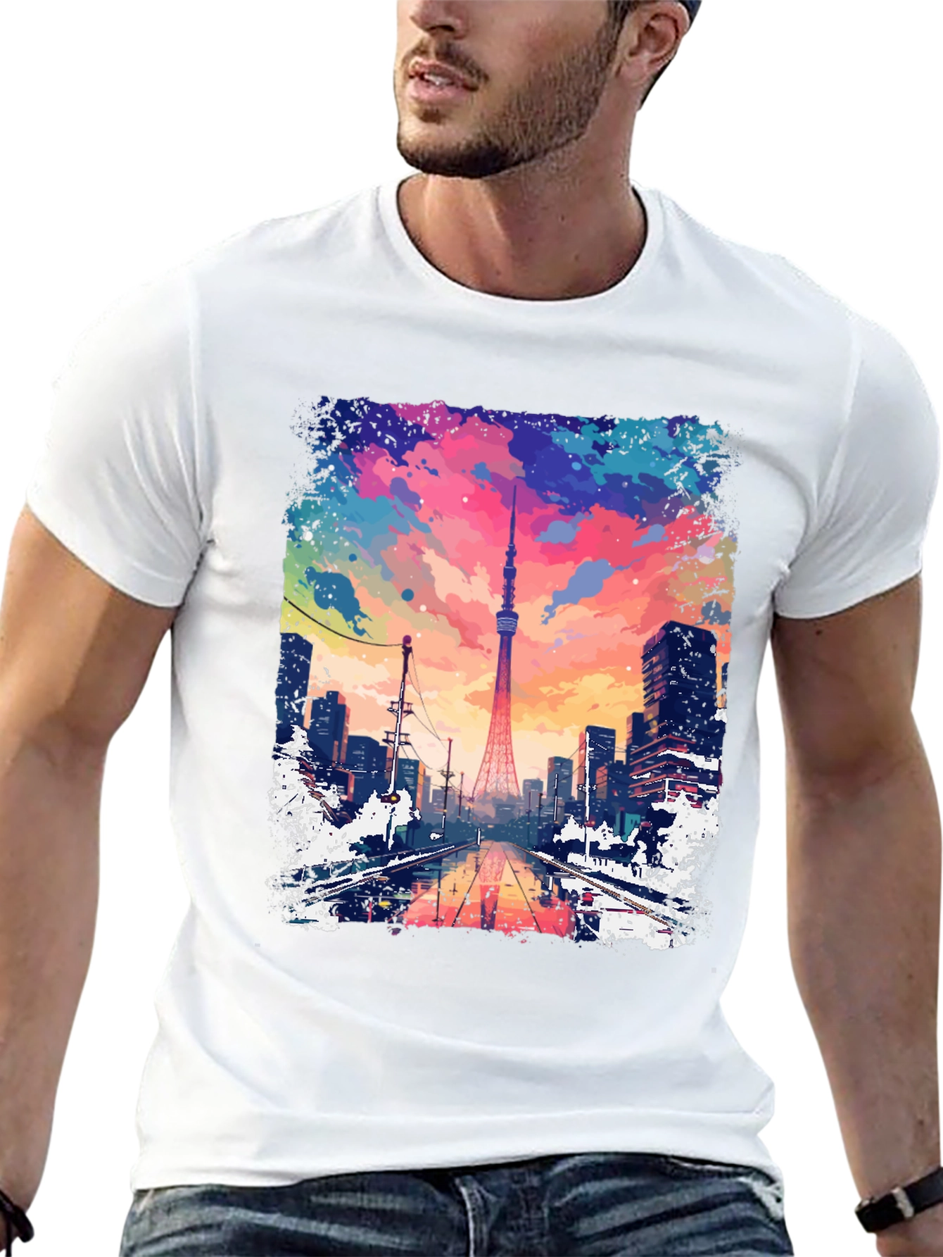 Tokyo Tower Graphic Tee - Cityscape Mens T-Shirt
