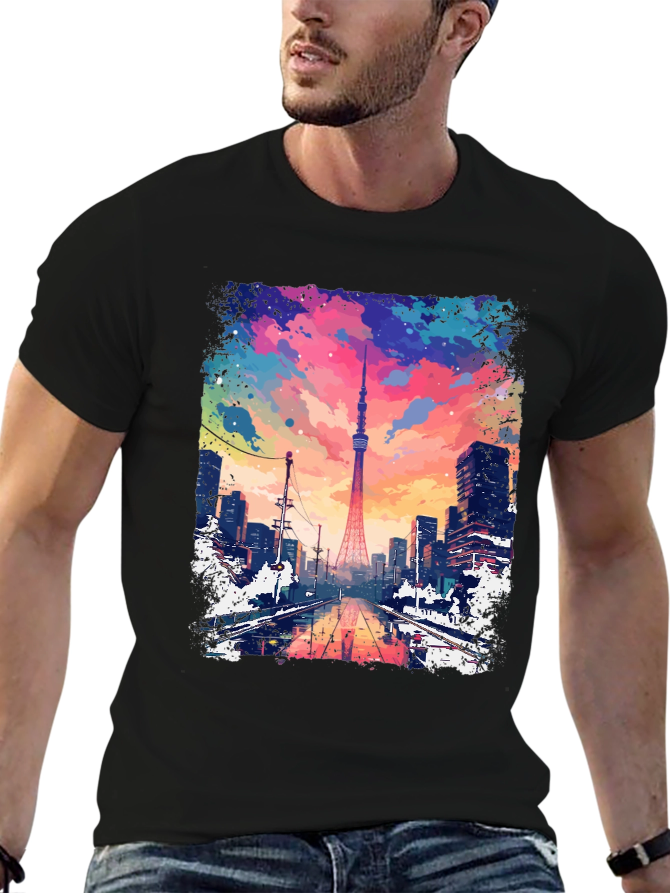 Tokyo Tower Graphic Tee - Cityscape Mens T-Shirt