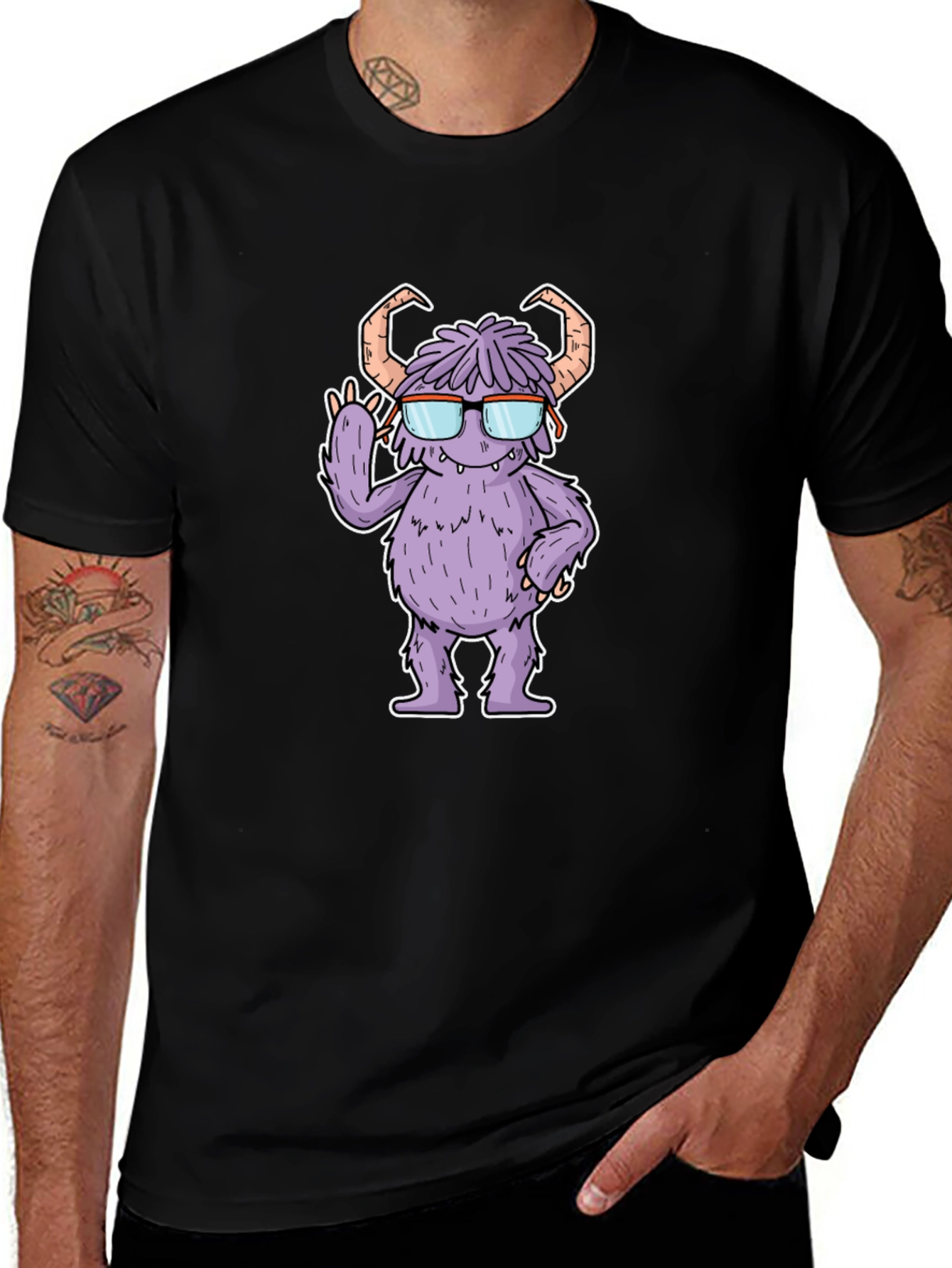 Monster with Glasses Graphic Tee - Black