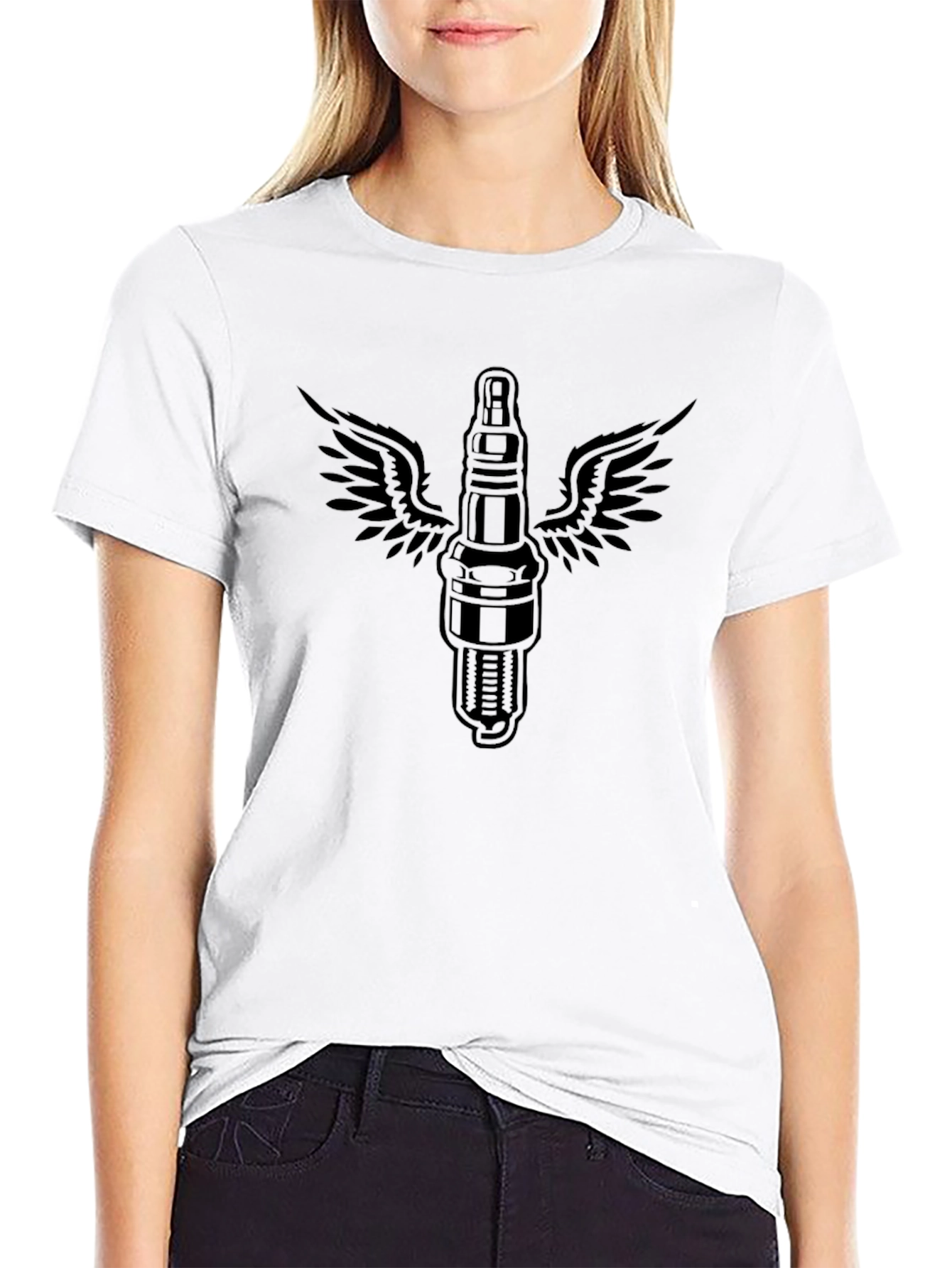 Mens Black T-Shirt with Flying Spark Plug Graphic