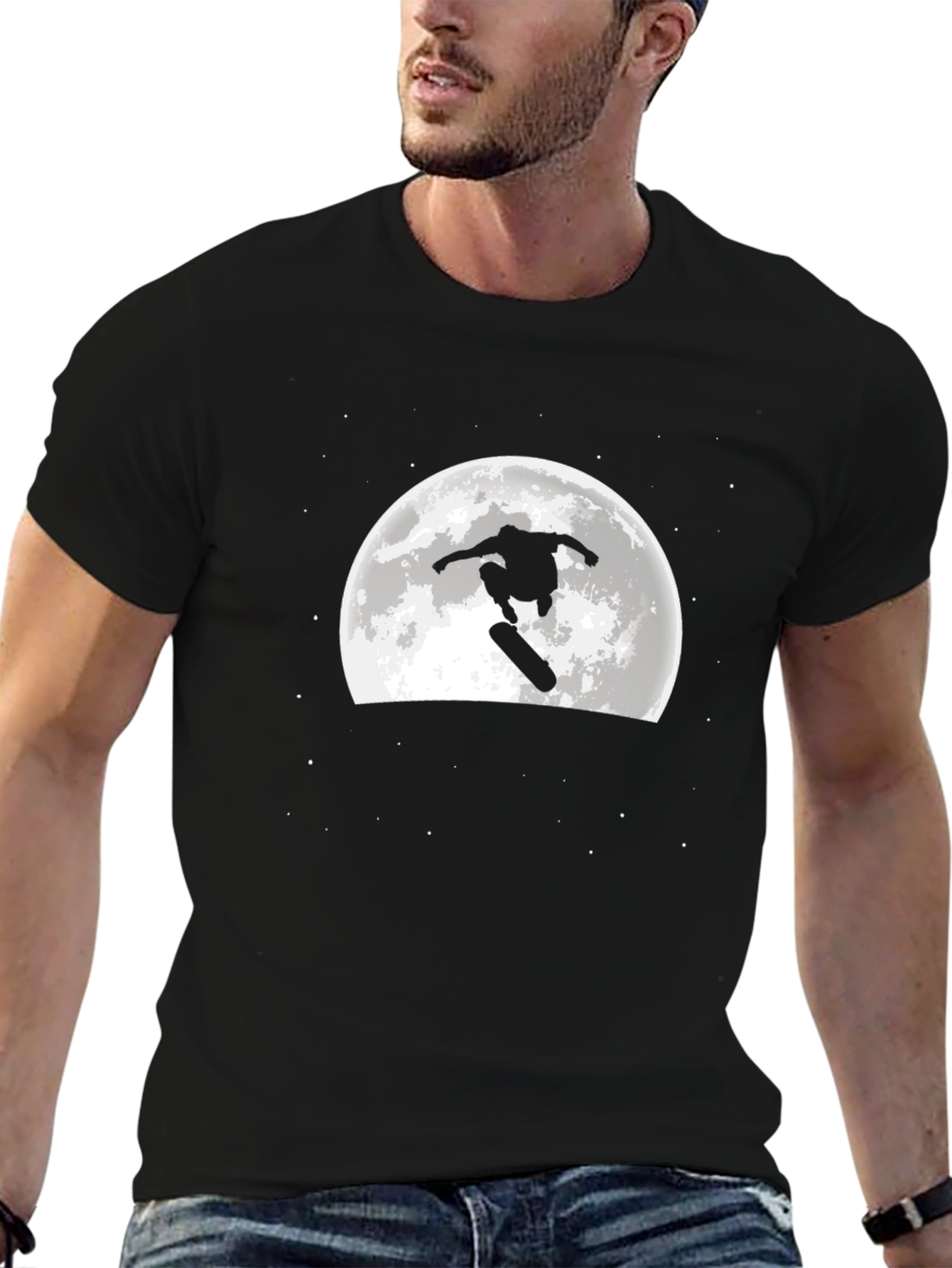 Skateboarder Moon Graphic Black T-Shirt