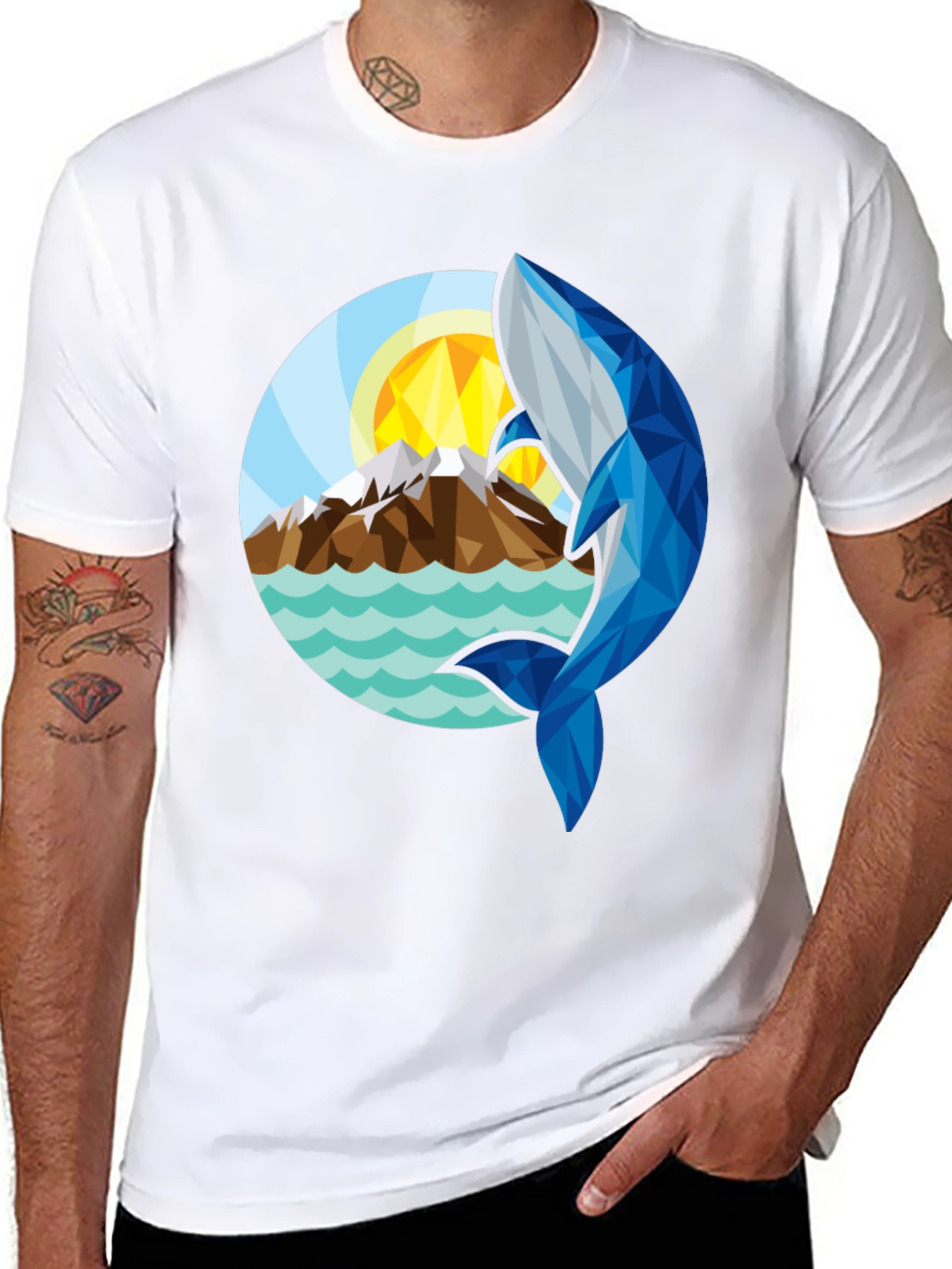 Geometric Whale Graphic T-Shirt - Stylish Black Tee