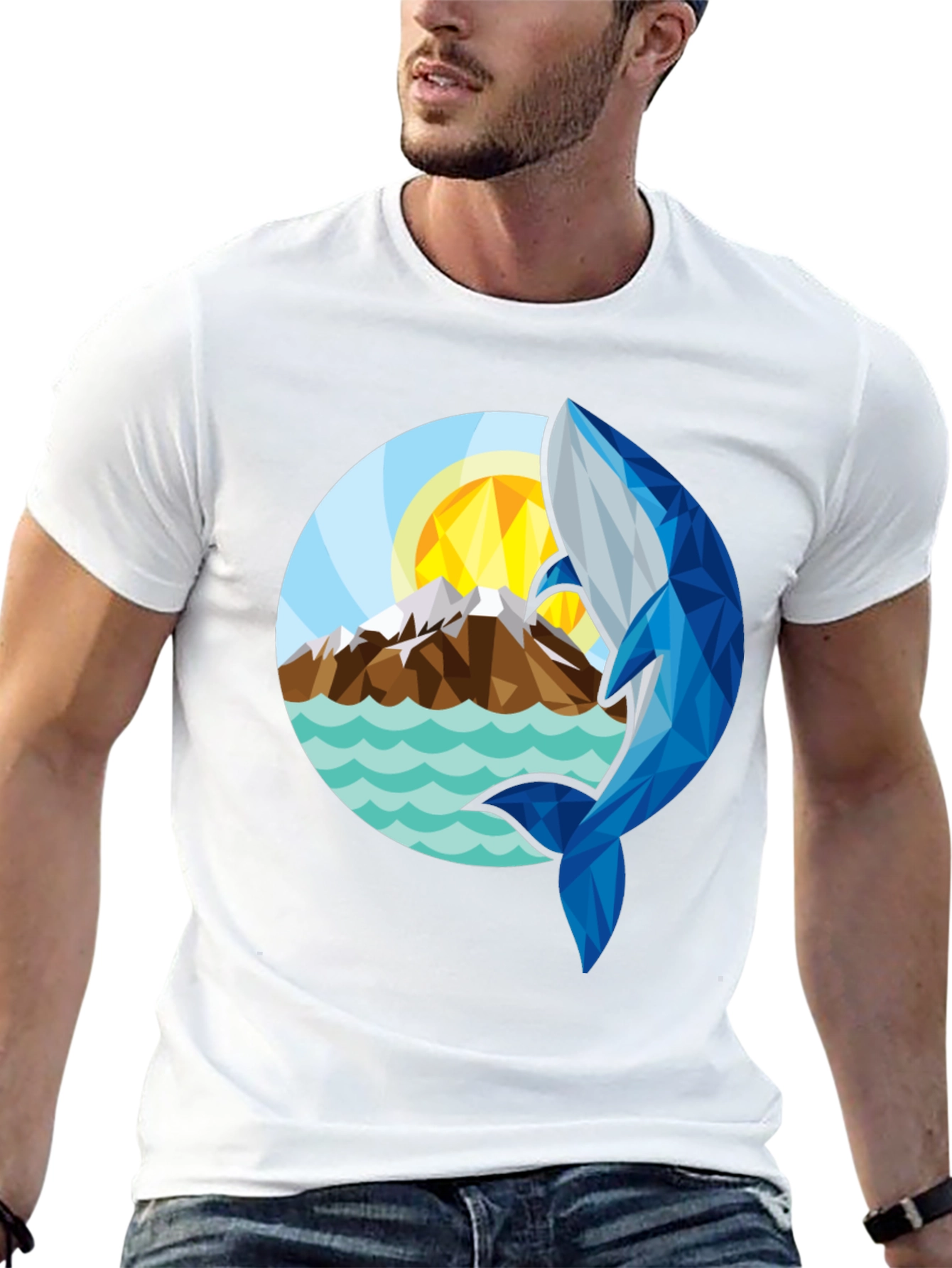 Geometric Whale Graphic T-Shirt - Stylish Black Tee