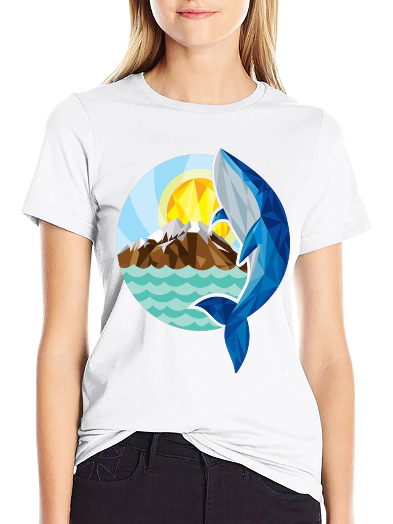 Geometric Whale Graphic T-Shirt - Stylish Black Tee