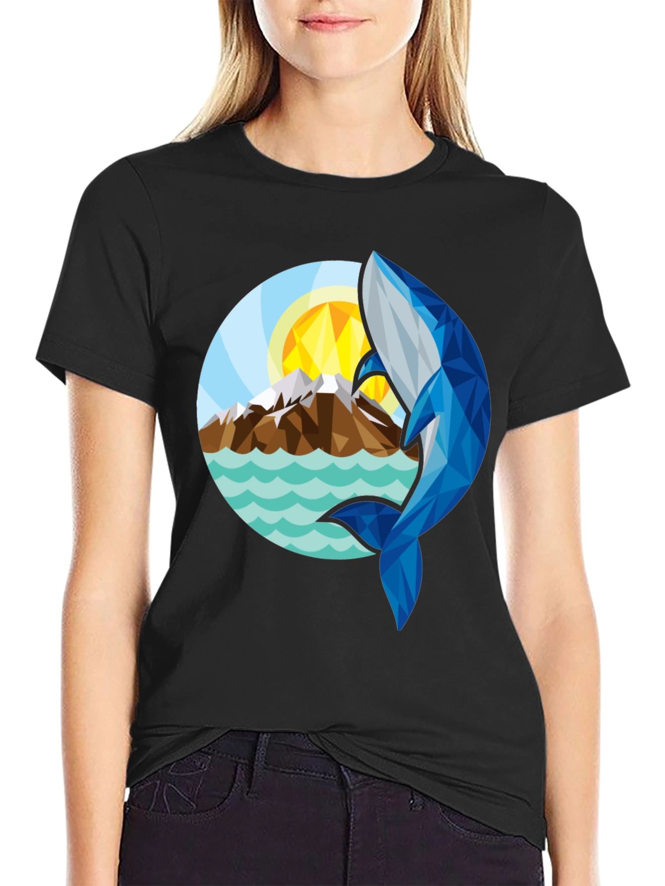 Geometric Whale Graphic T-Shirt - Stylish Black Tee