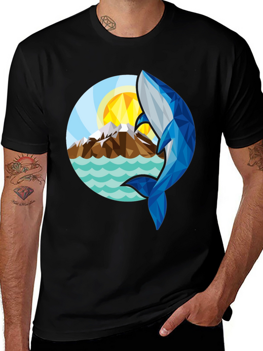 Geometric Whale Graphic T-Shirt - Stylish Black Tee
