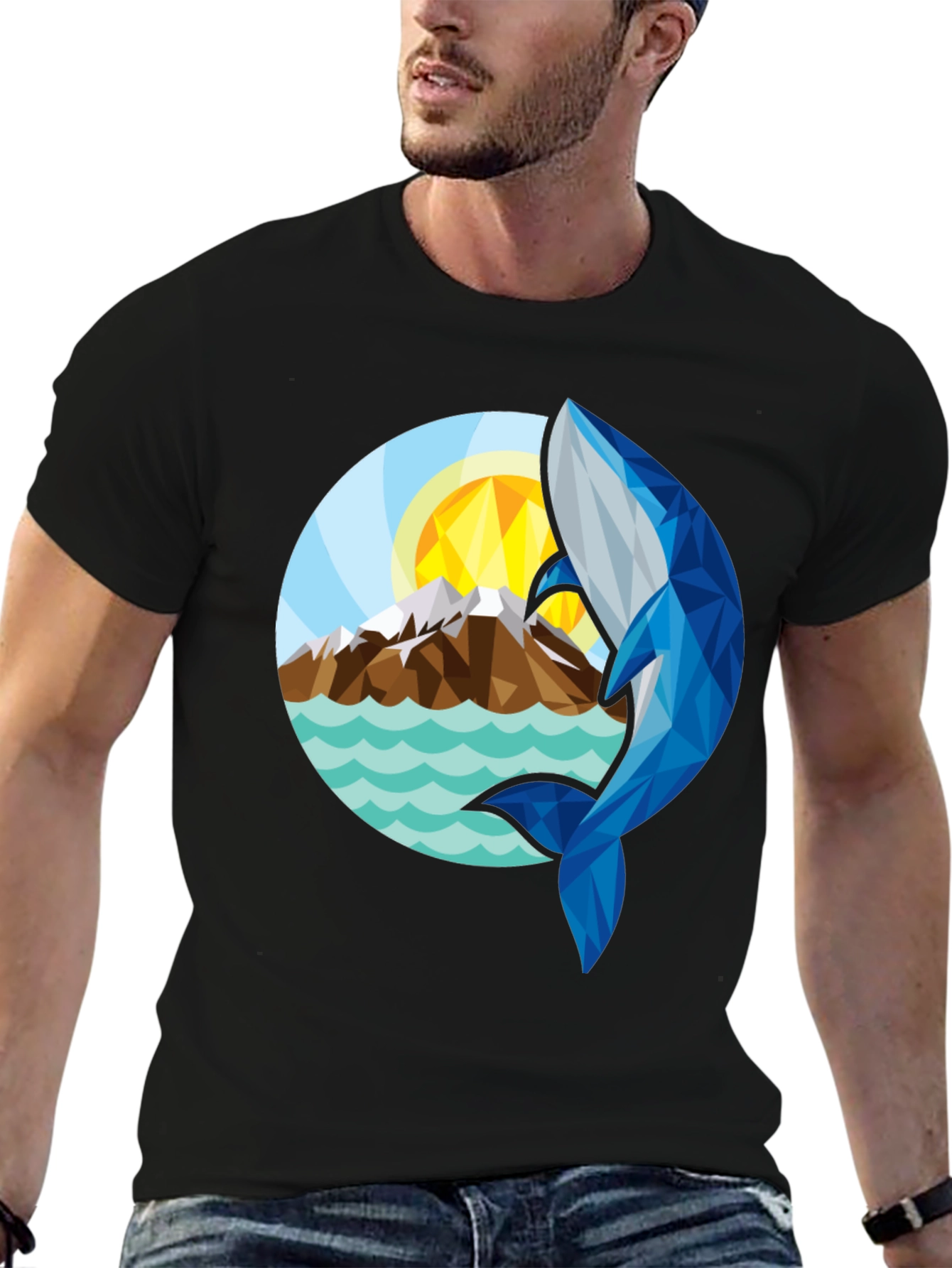 Geometric Whale Graphic T-Shirt - Stylish Black Tee