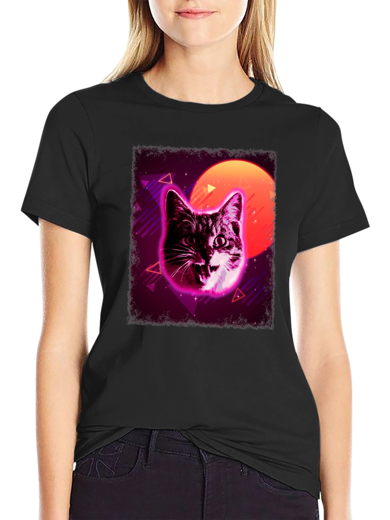 Retro Cat Graphic Tee - Black