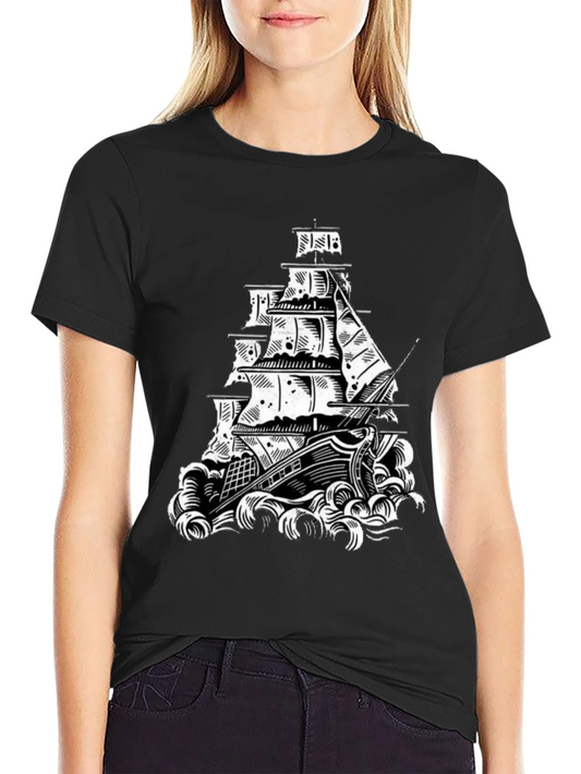 Vintage Sailing Ship Graphic Tee - Black Cotton T-Shirt