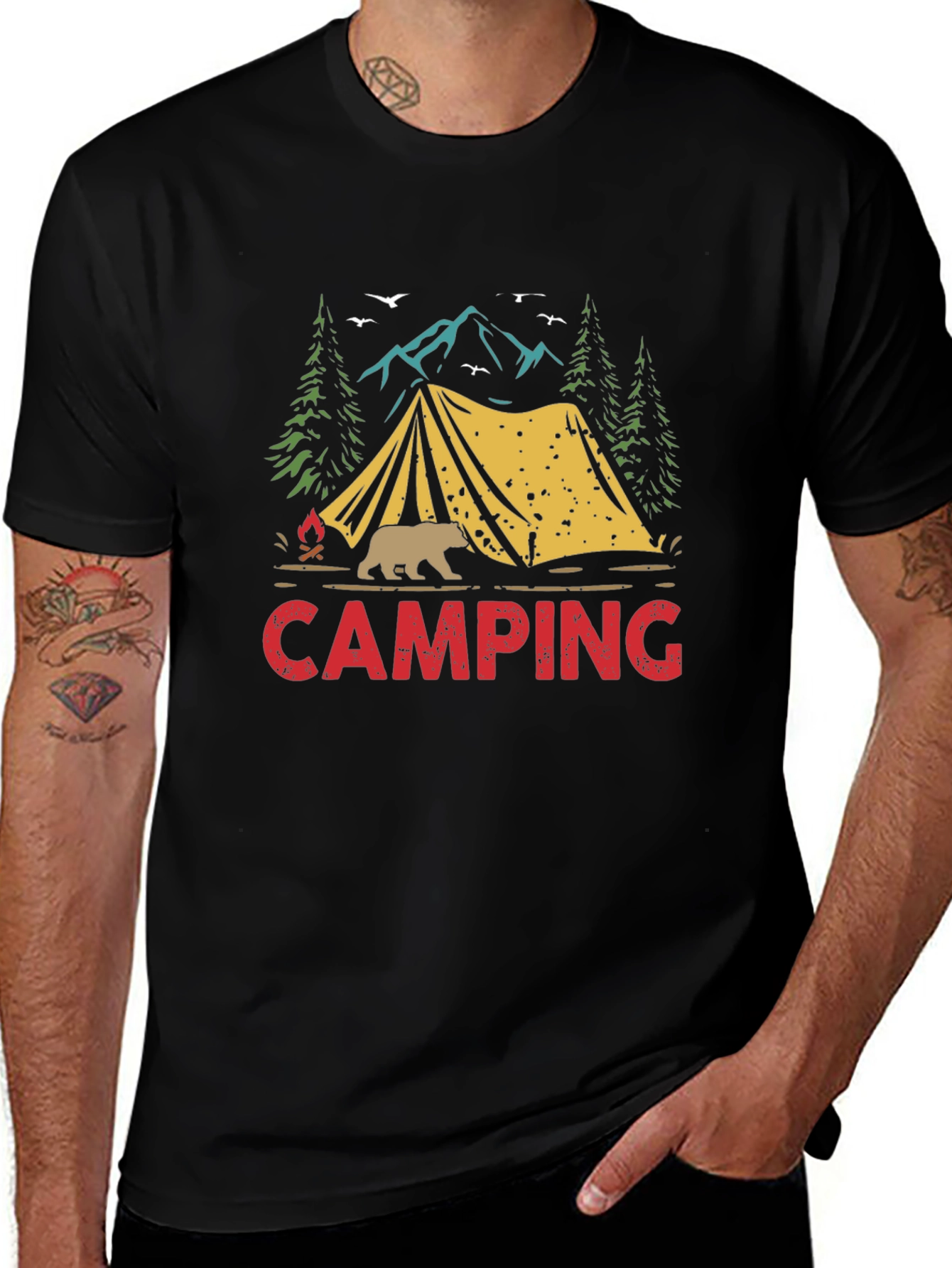 Camping Graphic T-Shirt: Bear Tent Nature Design