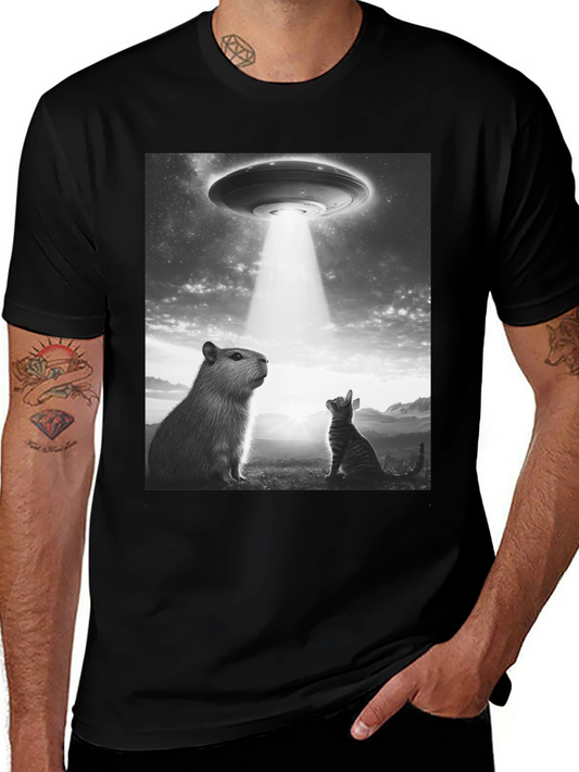UFO Abduction Tee - Capybara and Cat Black T-Shirt