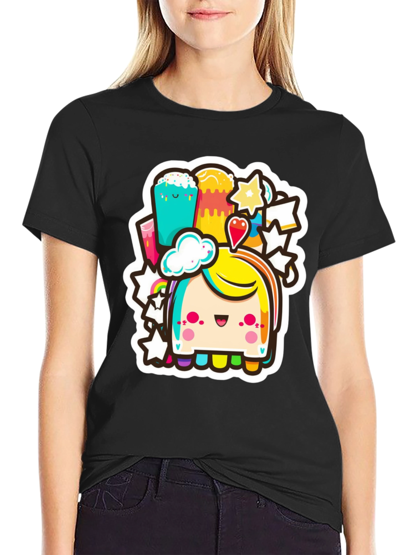 Kawaii Rainbow Creature Black Tee