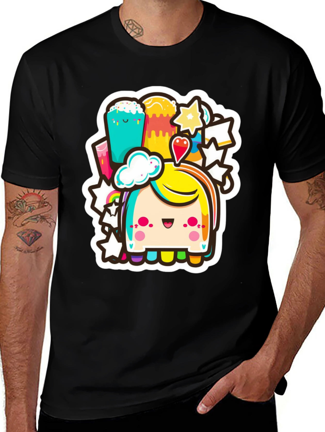 Kawaii Rainbow Creature Black Tee