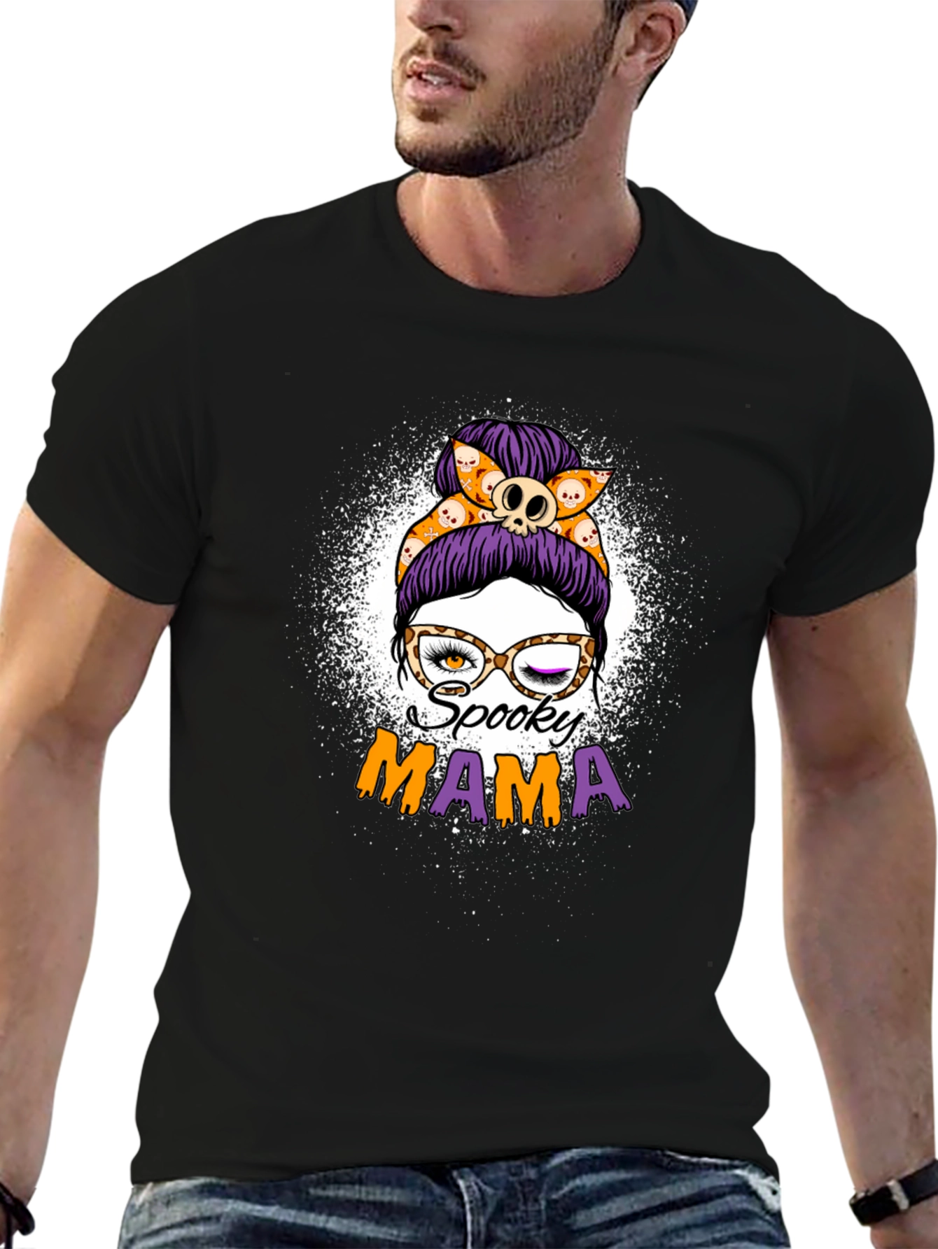 Spooky Mama Halloween T-Shirt - Messy Bun Design