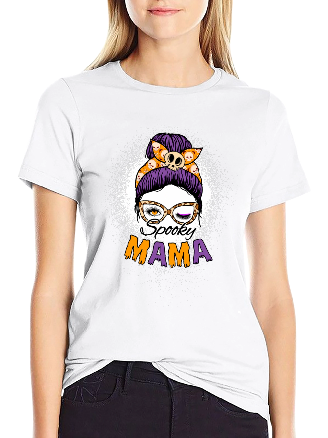 Spooky Mama Halloween T-Shirt - Messy Bun Design