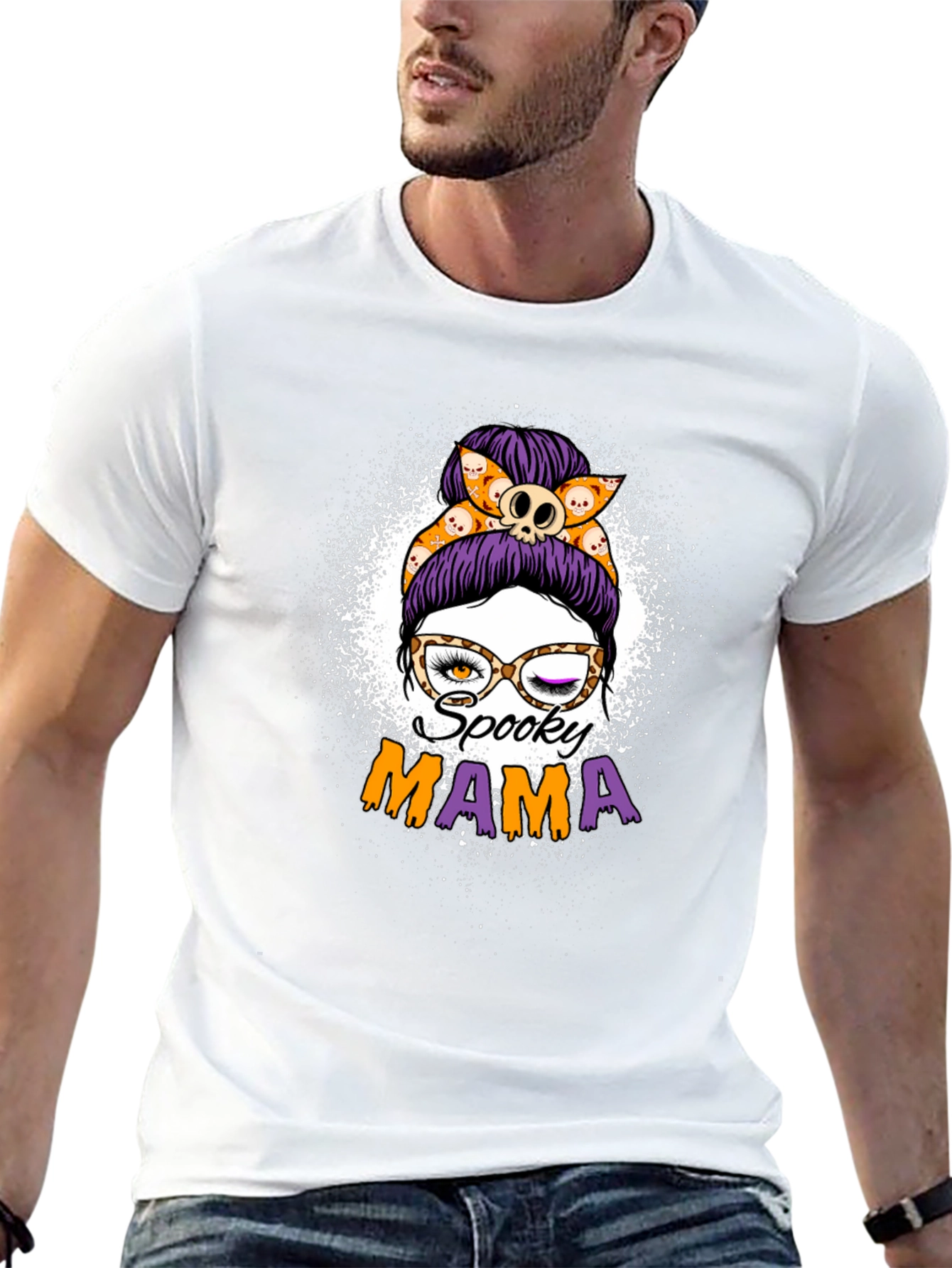 Spooky Mama Halloween T-Shirt - Messy Bun Design