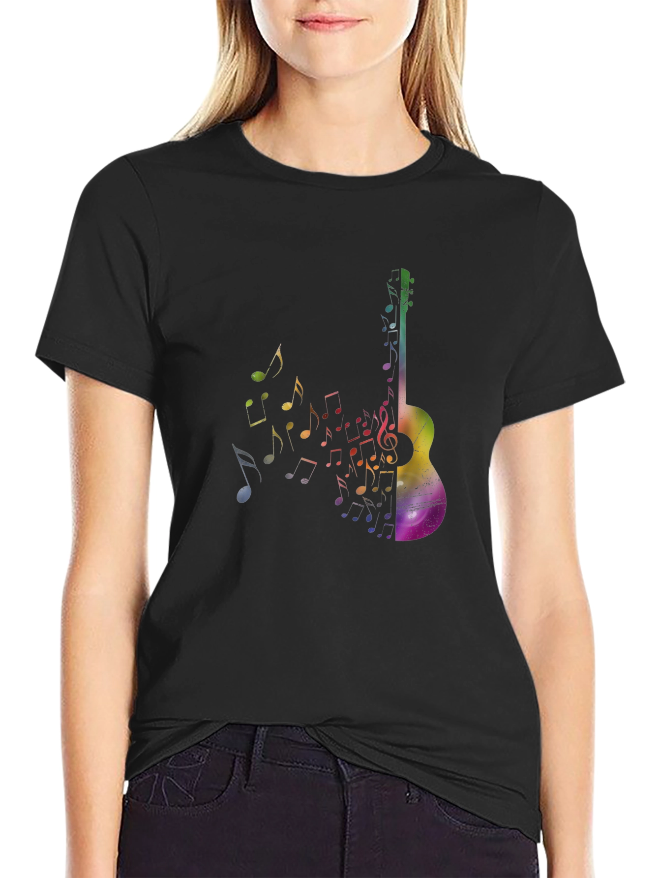 Rainbow Guitar Music Notes Graphic Tee - Black