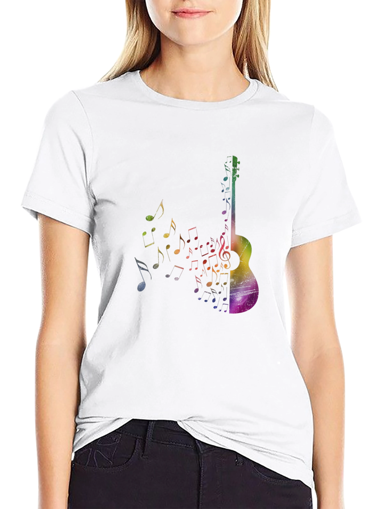 Rainbow Guitar Music Notes Graphic Tee - Black