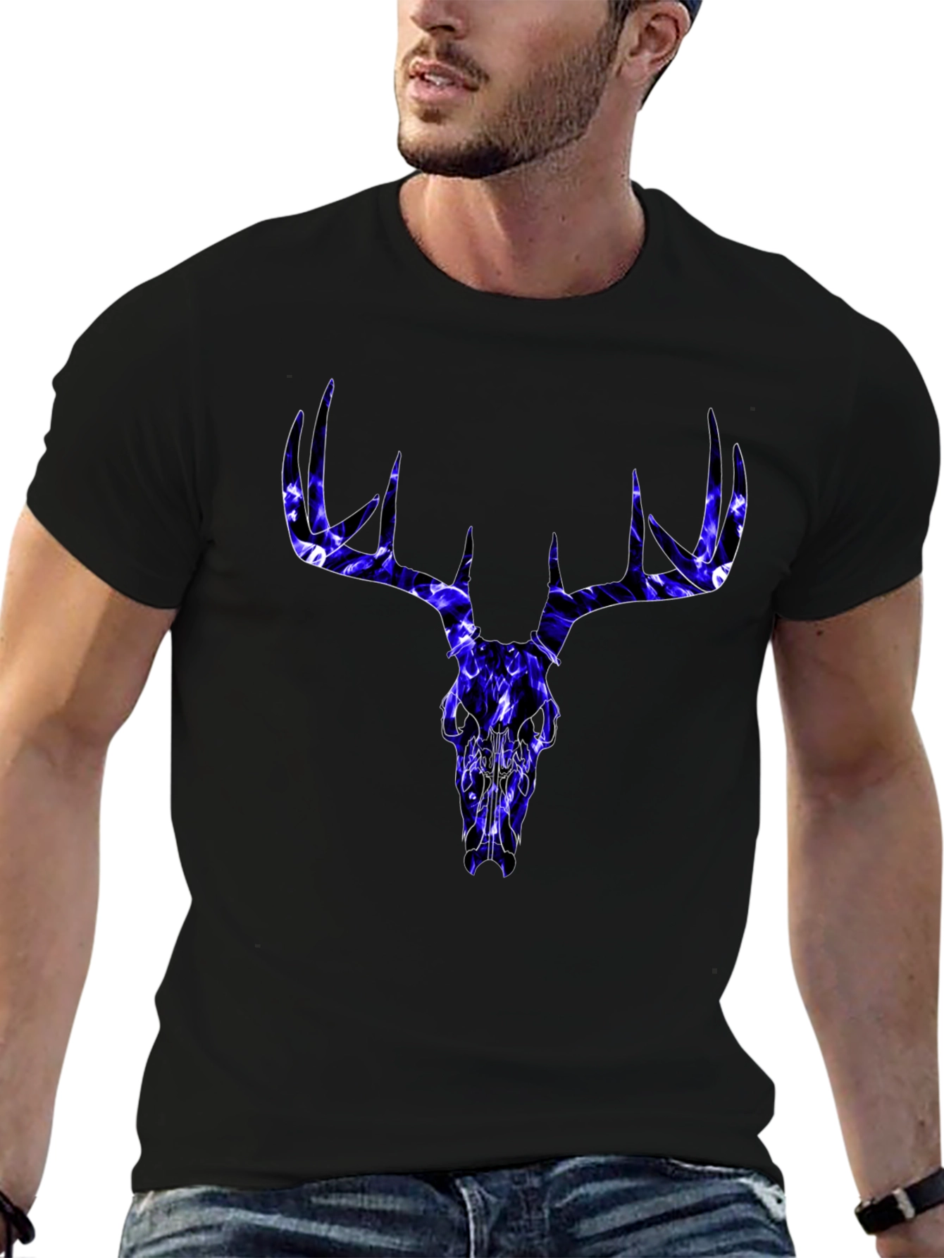 Skull Deer Graphic Tee - Black Cotton T-Shirt