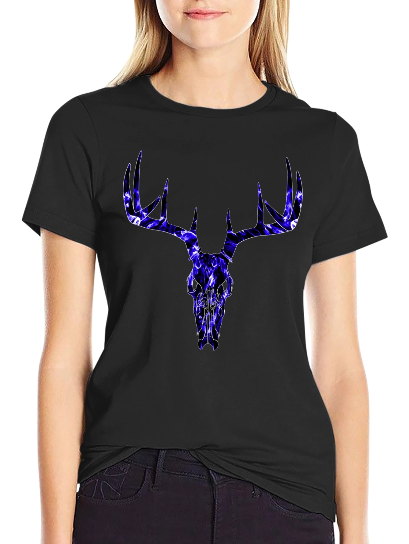Skull Deer Graphic Tee - Black Cotton T-Shirt