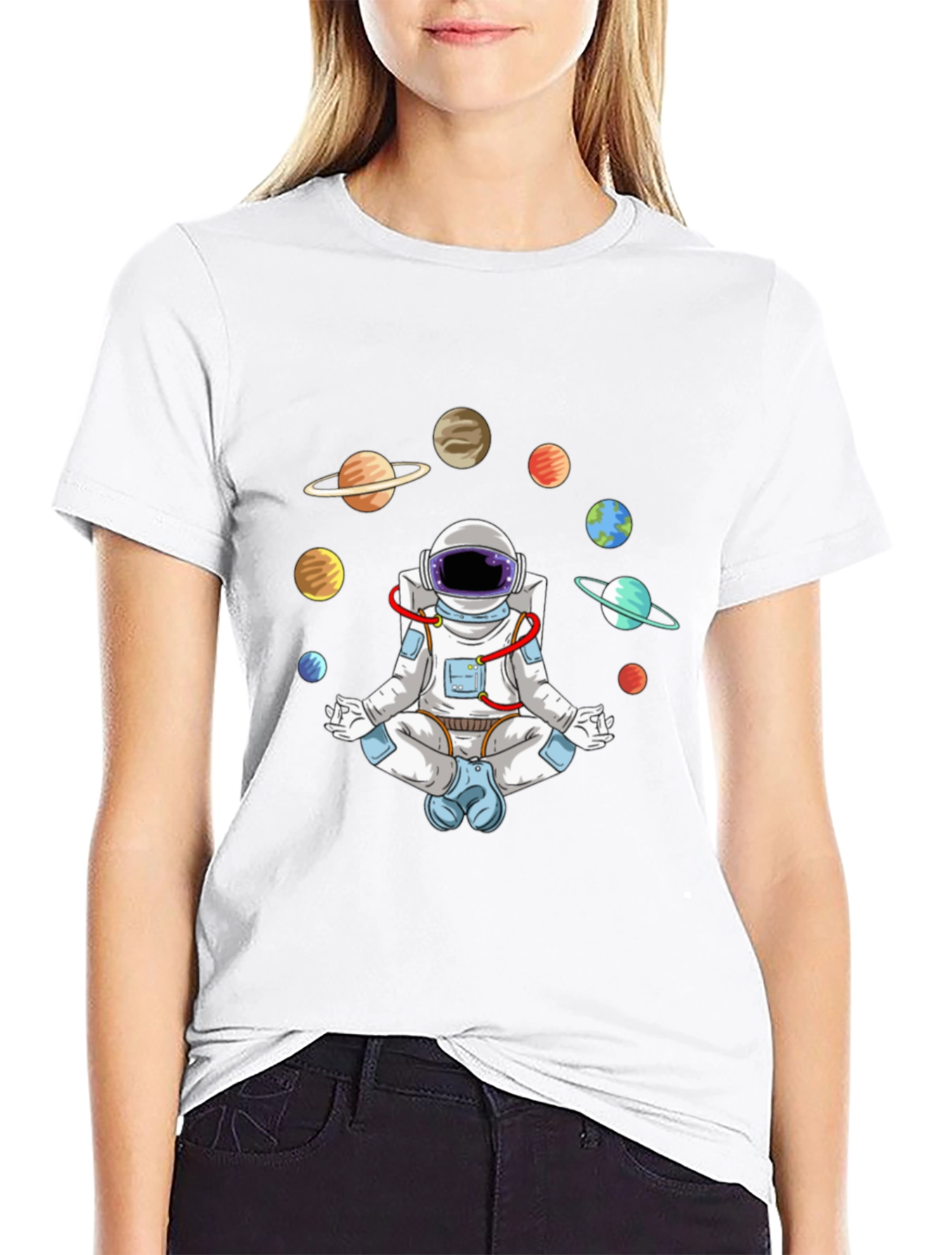 Meditating Astronaut Planets Graphic Tee
